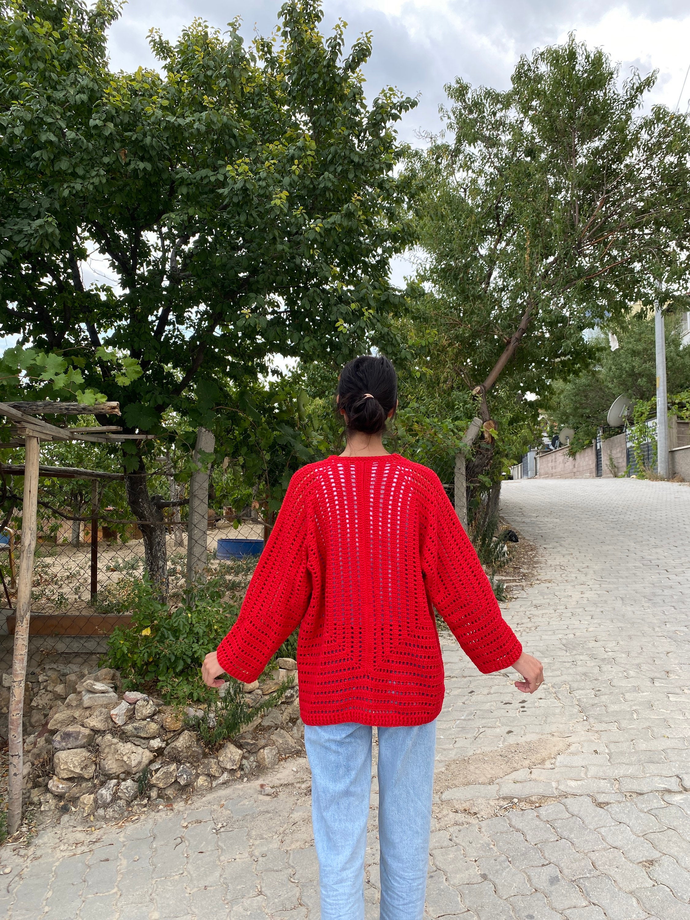 Ready To Ship - Crocheted Red Cardigan, Cotton Crochet Vintage Cardigan, Unique Cardigan, Afghan ... — photo 3 of 10