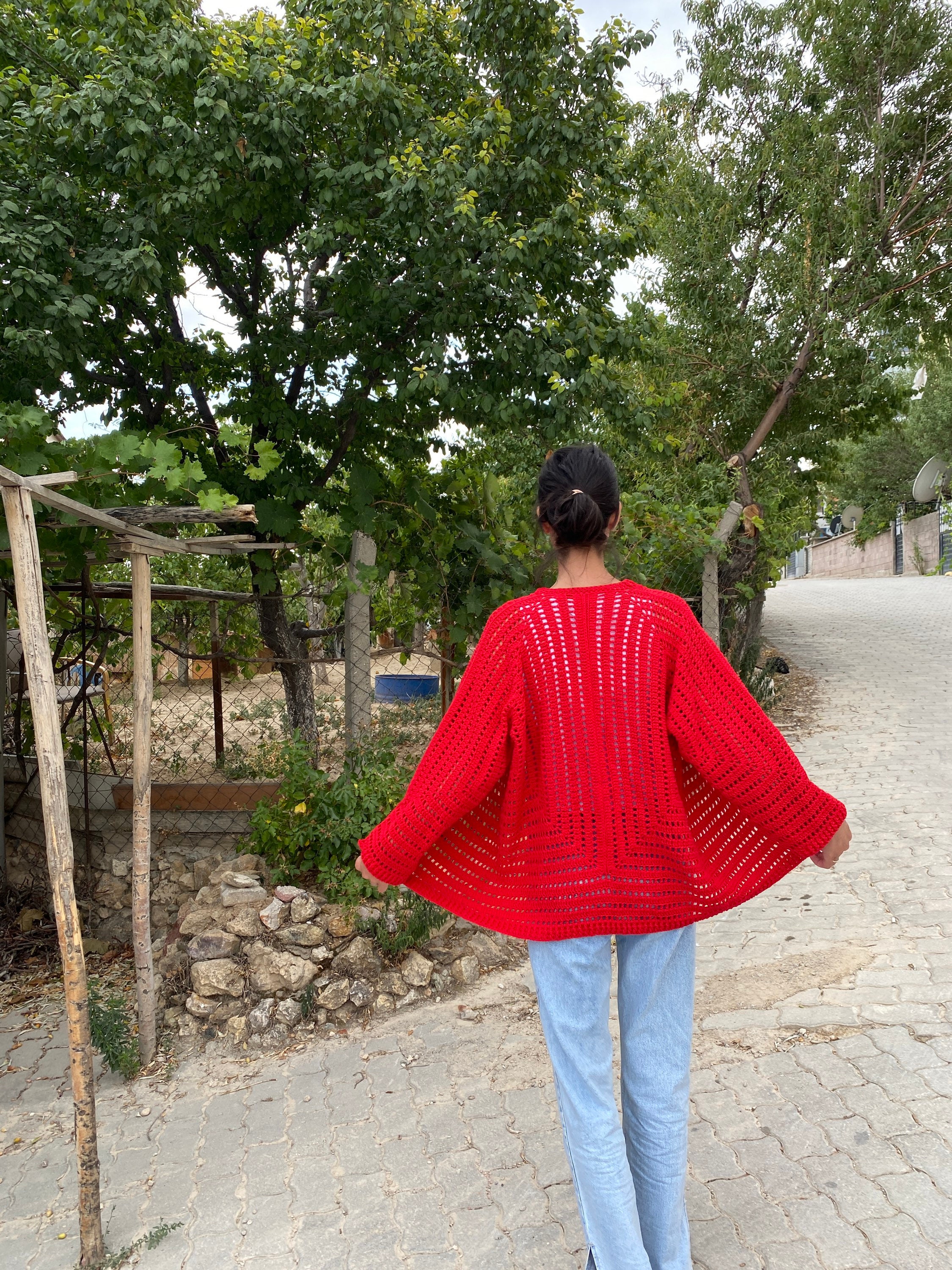 Ready To Ship - Crocheted Red Cardigan, Cotton Crochet Vintage Cardigan, Unique Cardigan, Afghan ... — photo 4 of 10