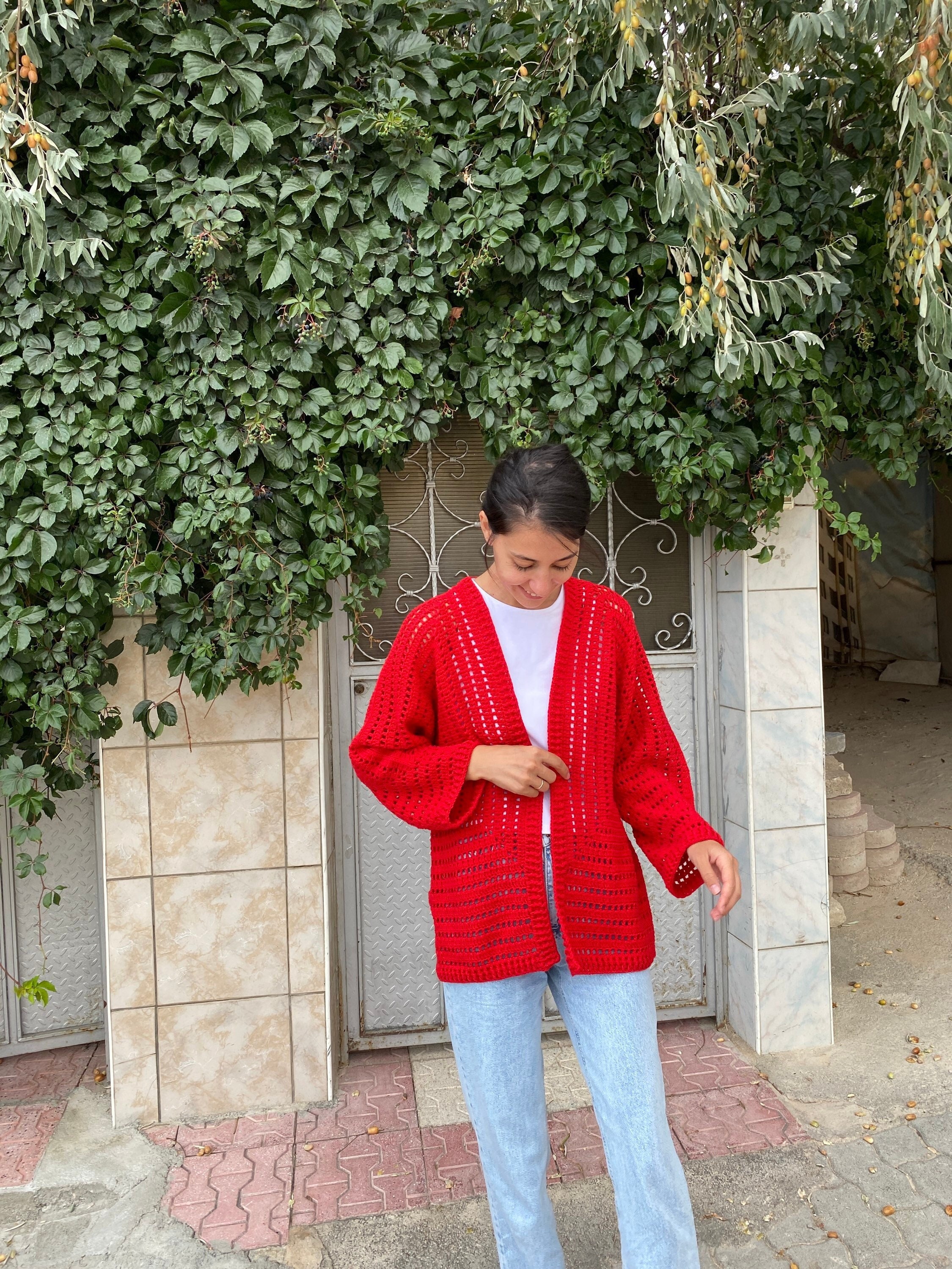 Ready To Ship - Crocheted Red Cardigan, Cotton Crochet Vintage Cardigan, Unique Cardigan, Afghan ... — photo 2 of 10