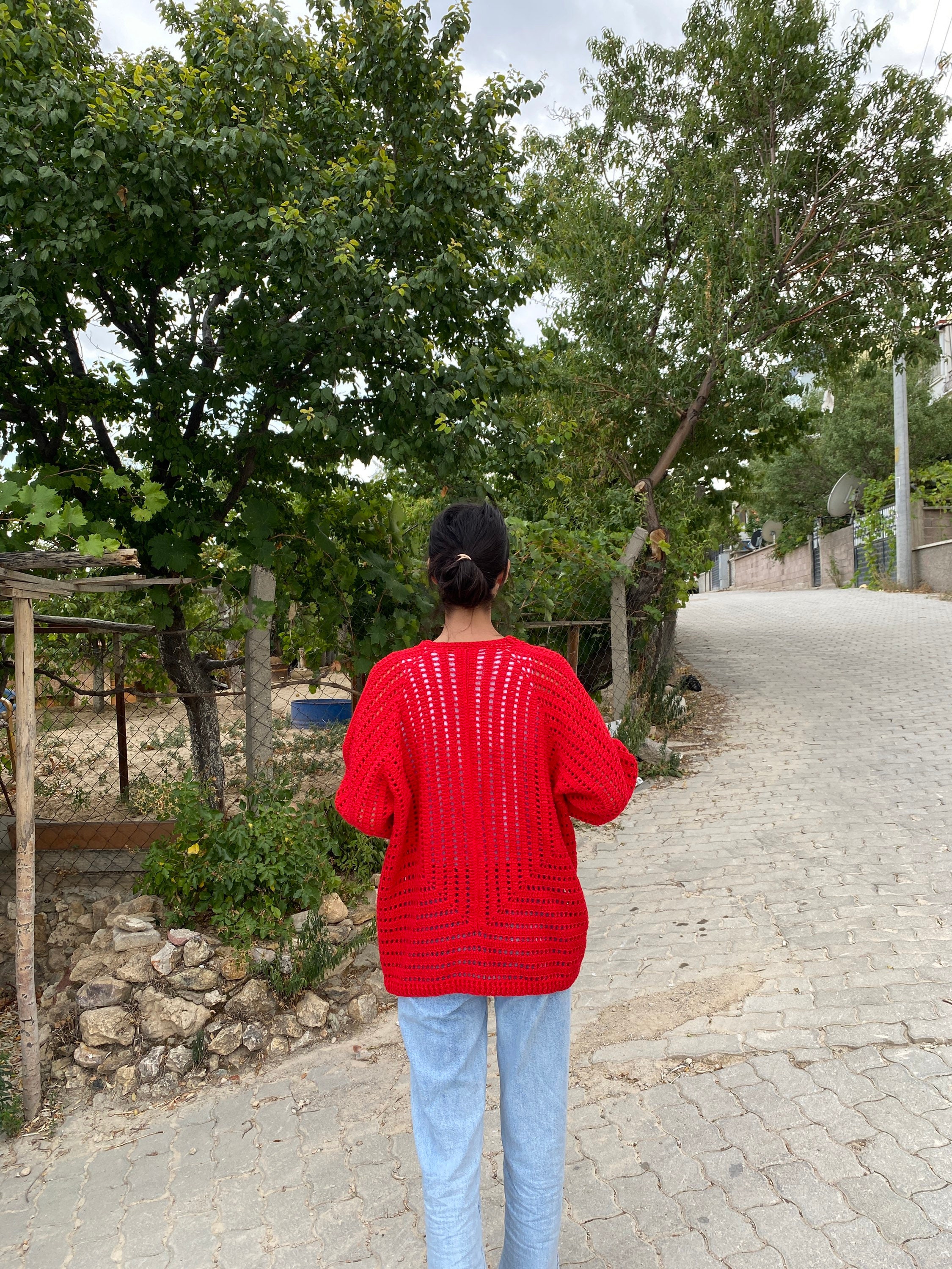 Ready To Ship - Crocheted Red Cardigan, Cotton Crochet Vintage Cardigan, Unique Cardigan, Afghan ... — photo 7 of 10