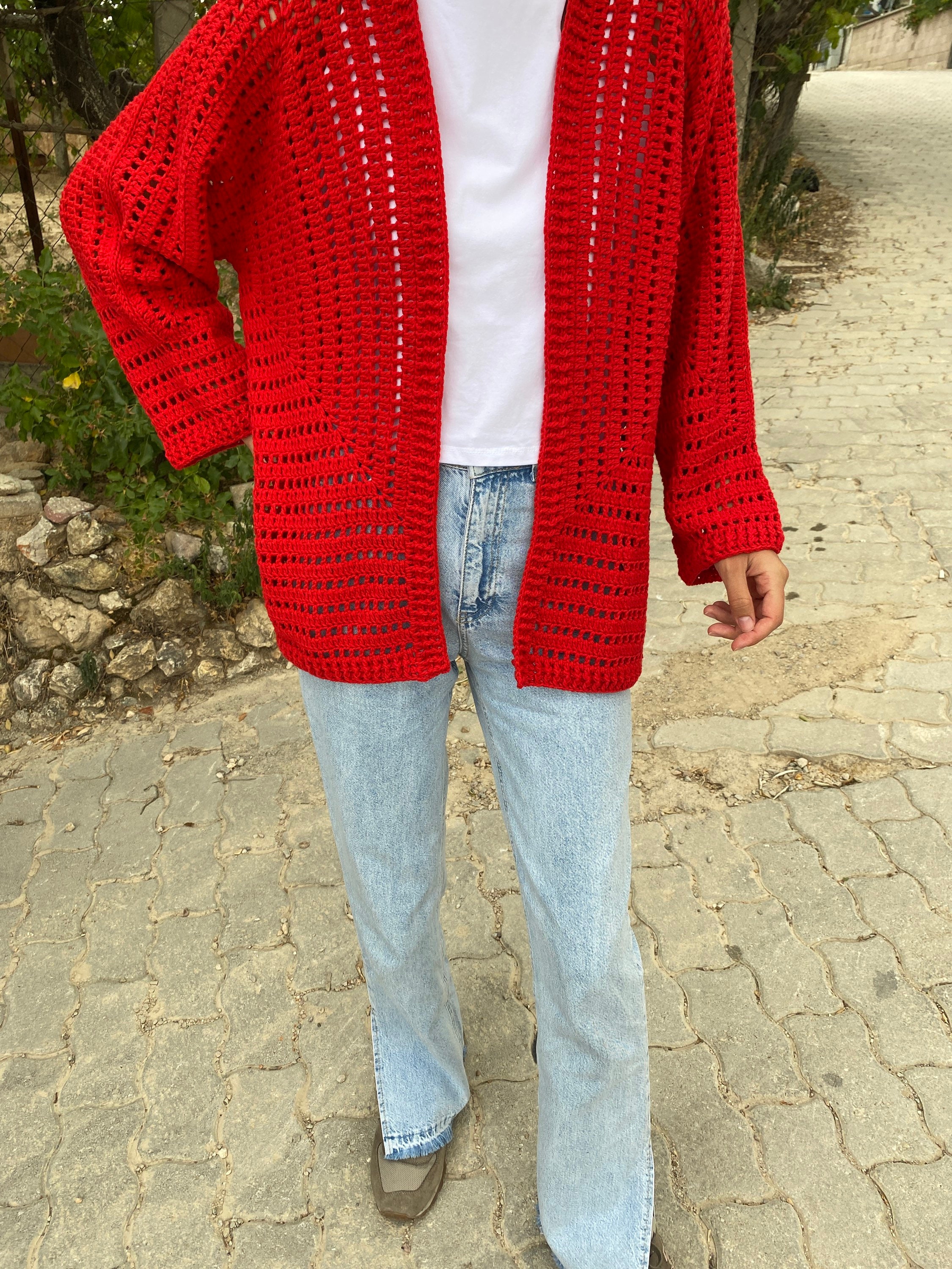 Ready To Ship - Crocheted Red Cardigan, Cotton Crochet Vintage Cardigan, Unique Cardigan, Afghan ... — photo 5 of 10