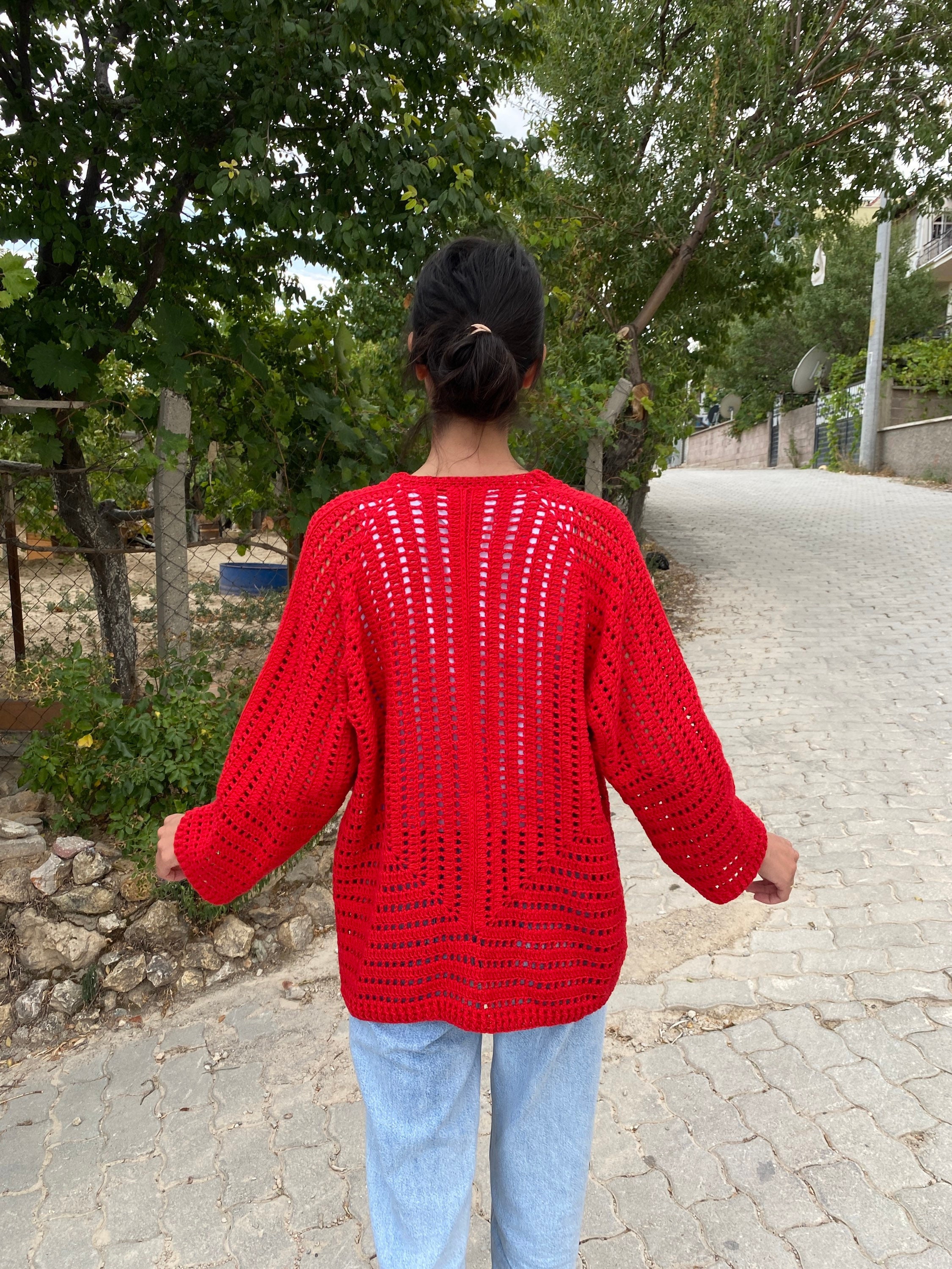 Ready To Ship - Crocheted Red Cardigan, Cotton Crochet Vintage Cardigan, Unique Cardigan, Afghan ... — photo 6 of 10