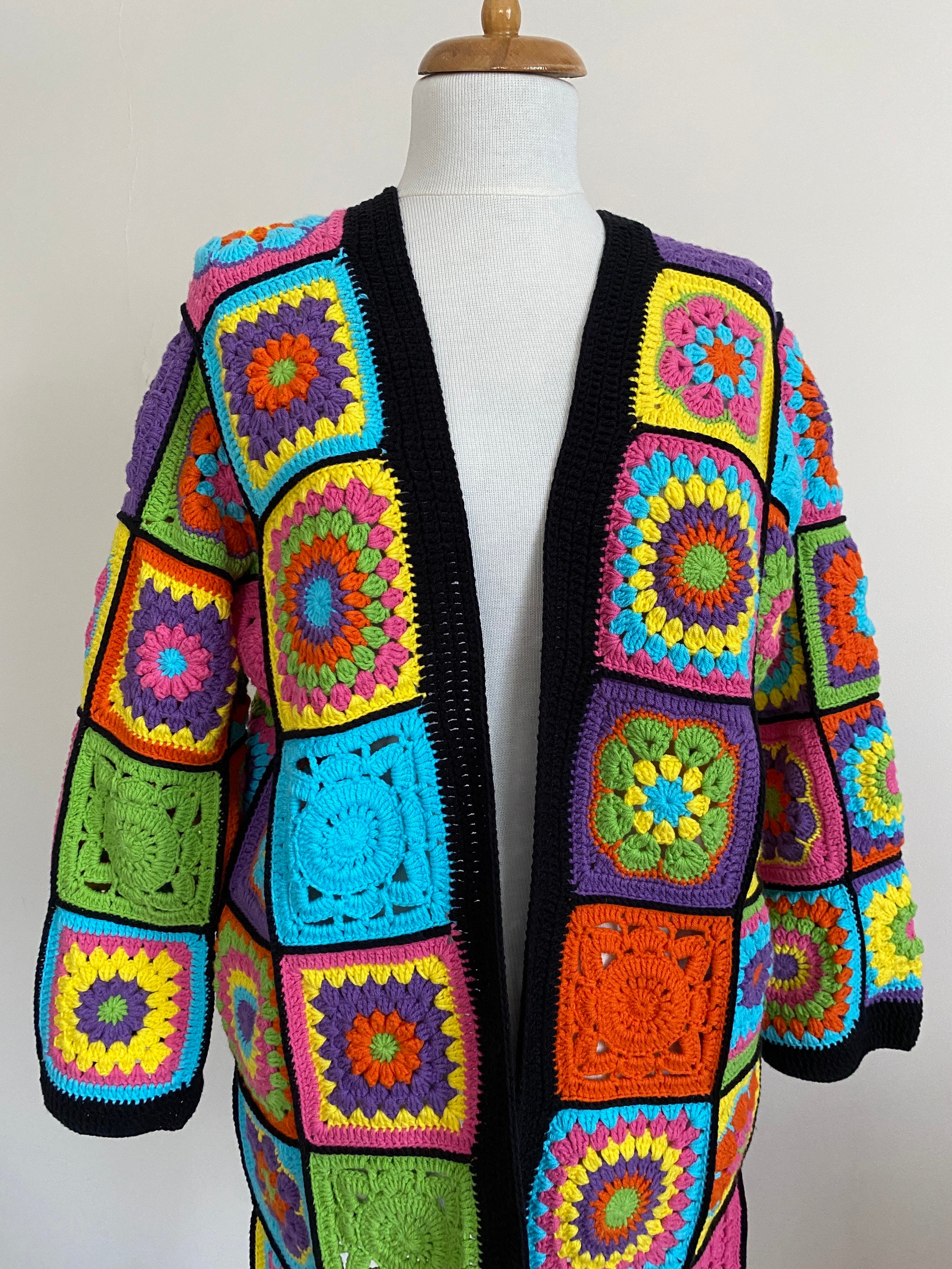 Ready To Ship - Granny Square Afghan Cardigan, Crochet Afghan Coat, Flowers Patchwork Jacket, Boho Cardigan, Cotton Patchwork Cardigan