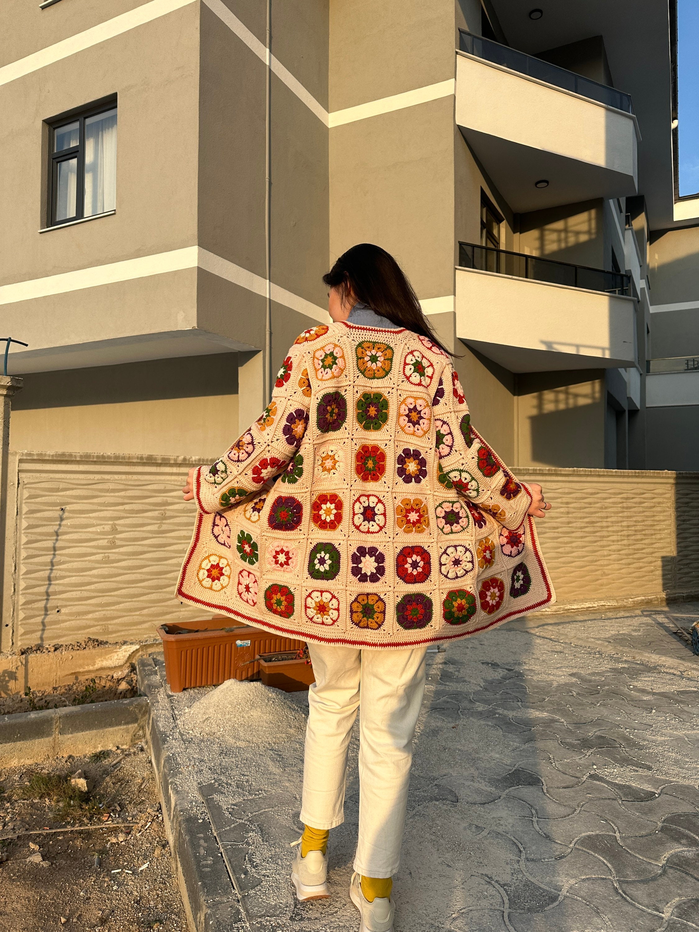 Ready To Ship -  Granny Square Afghan Coat, Boho Crochet Floral Cardigan, Colorful Pathcwork Jacket, Granny Square Sweater,