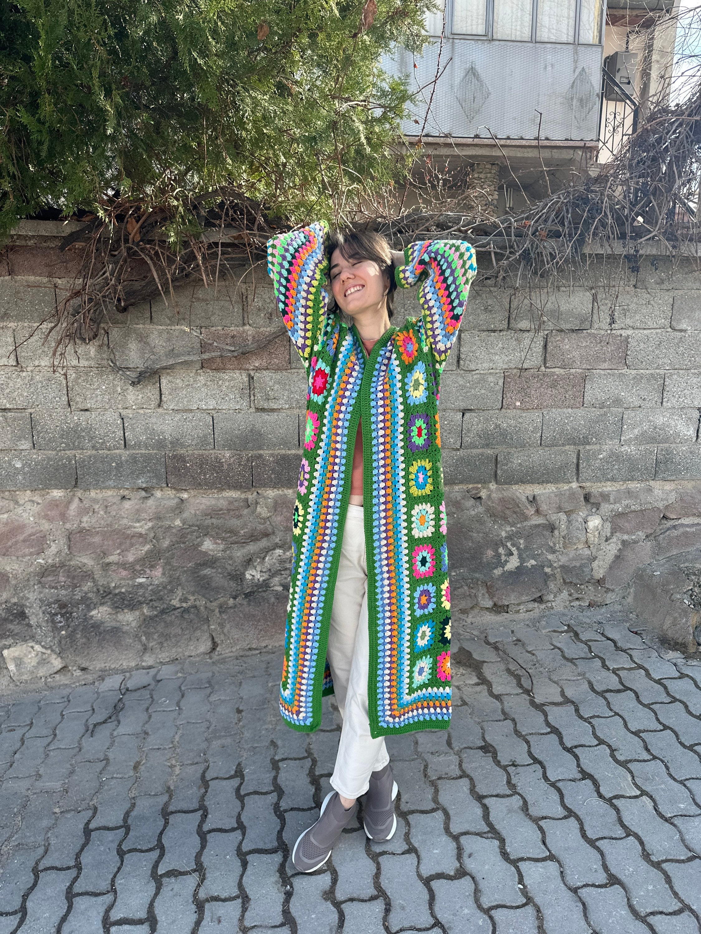 Ready To Ship - Granny Square Cardigan, Green Knit Cardigan, Granny Square Coat, Cotton Knit Jack... — photo 6 of 10