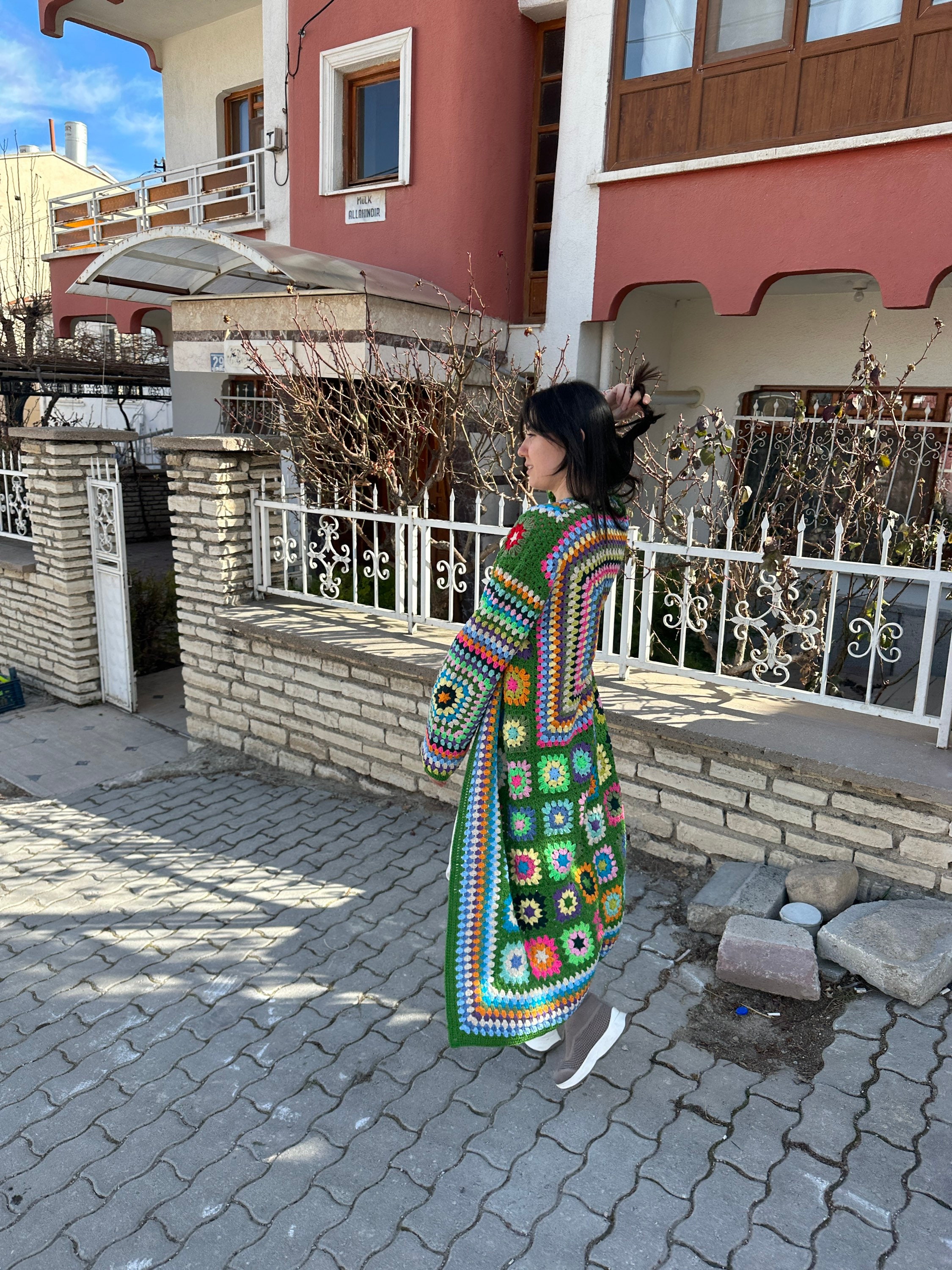 Ready To Ship - Granny Square Cardigan, Green Knit Cardigan, Granny Square Coat, Cotton Knit Jack... — photo 2 of 10