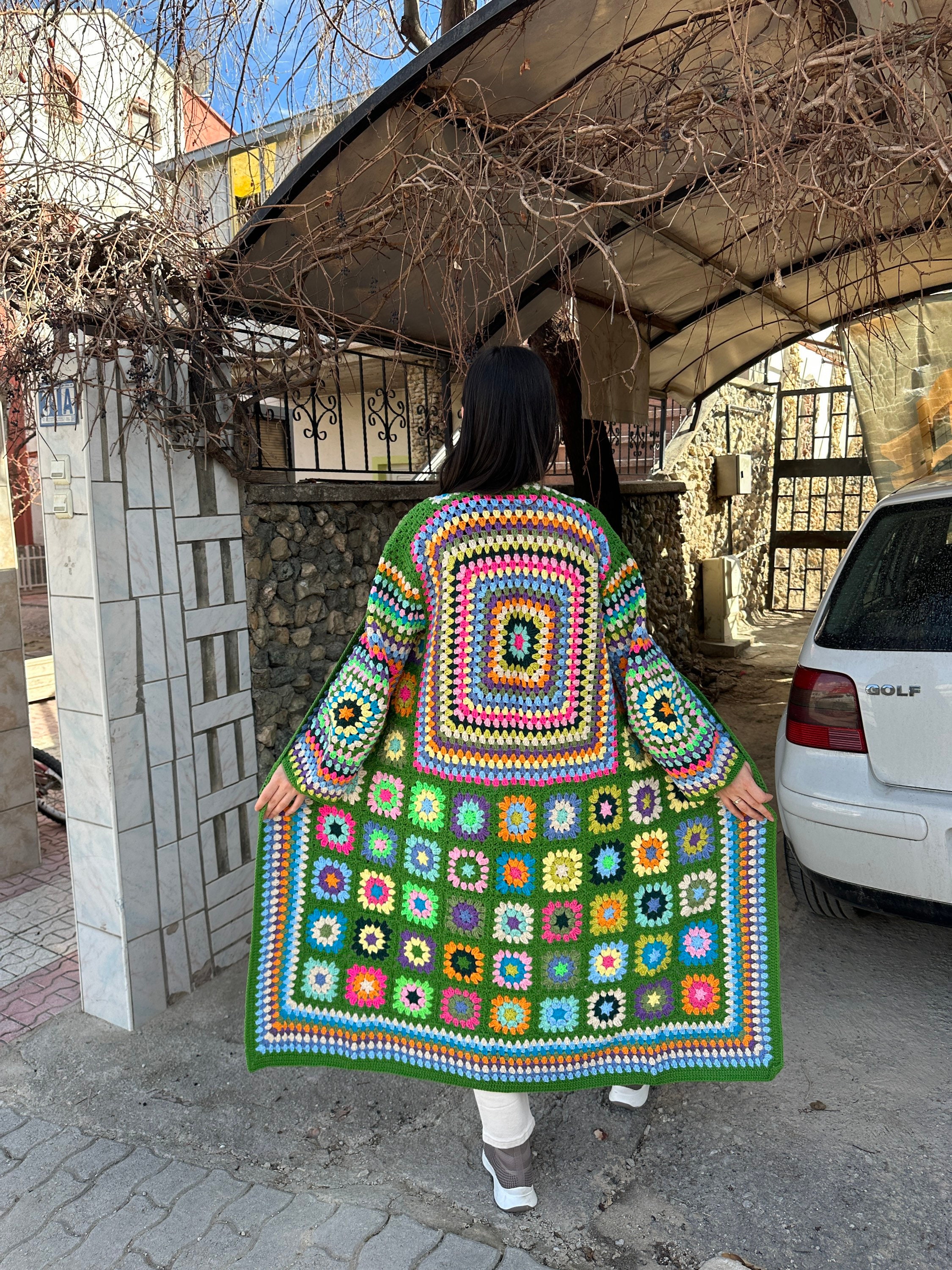 Ready To Ship - Granny Square Cardigan, Green Knit Cardigan, Granny Square Coat, Cotton Knit Jacket, Unisex Long Jacket, Afghan Sweater,