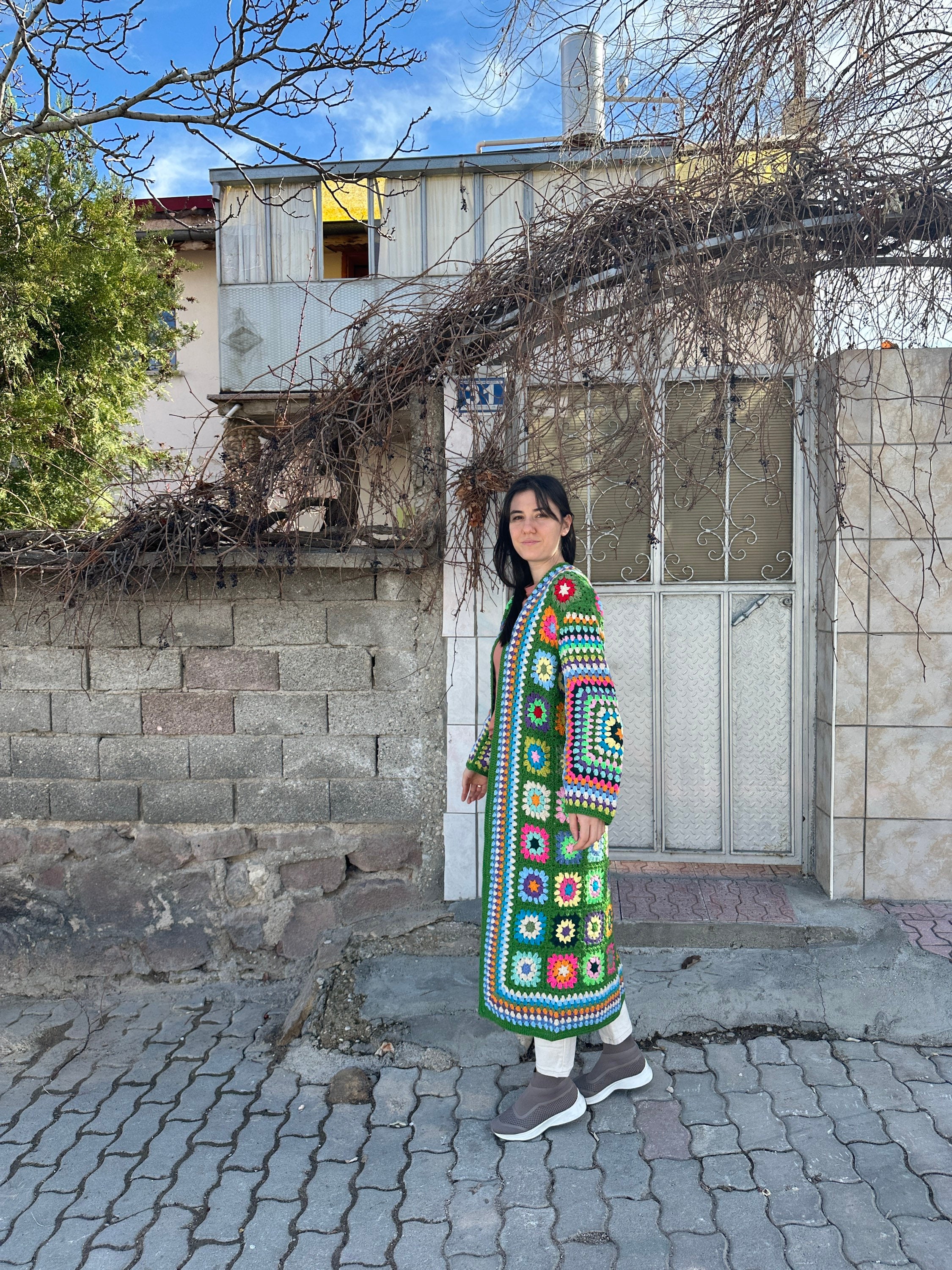 Ready To Ship - Granny Square Cardigan, Green Knit Cardigan, Granny Square Coat, Cotton Knit Jack... — photo 3 of 10