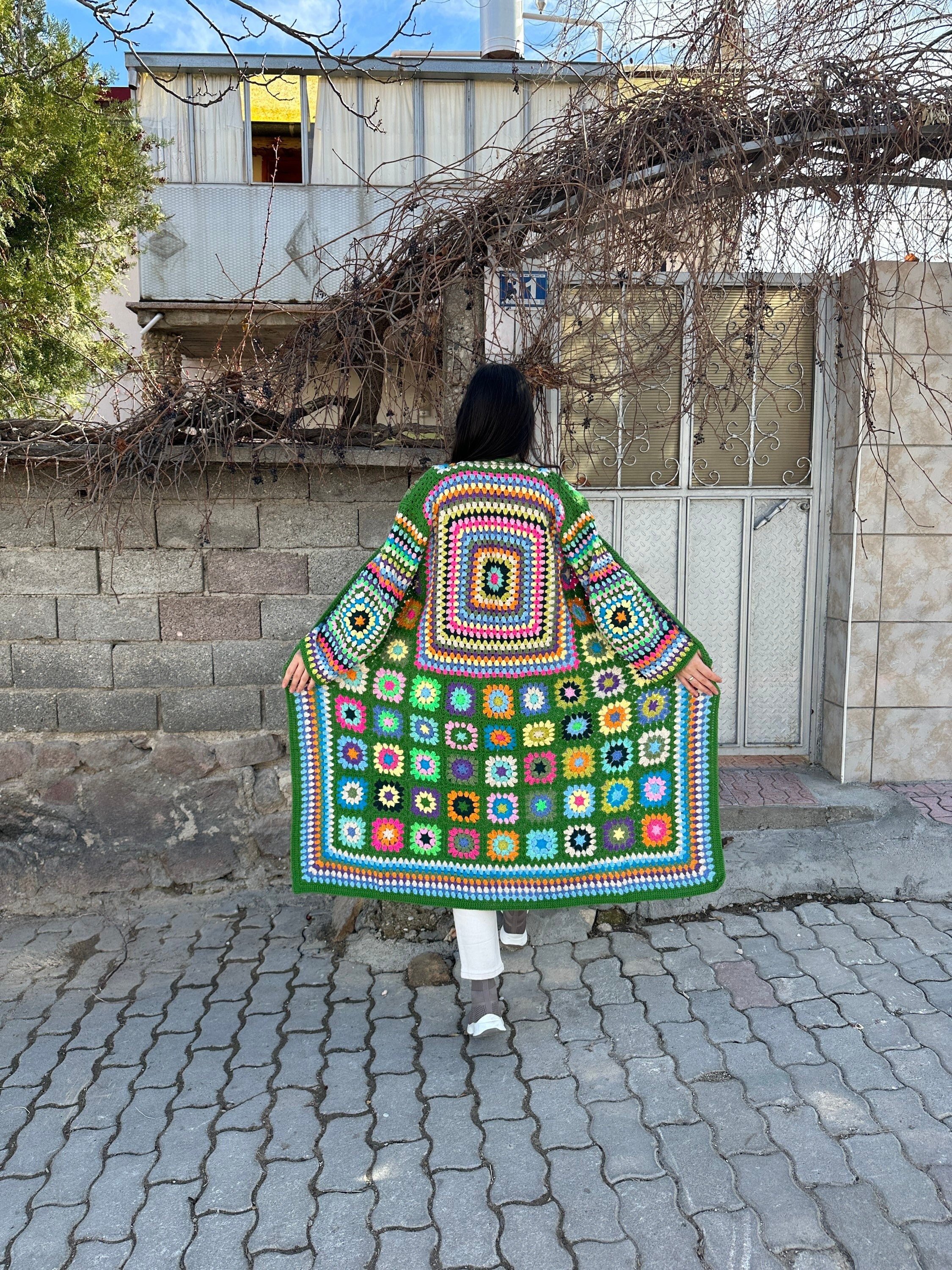 Ready To Ship - Granny Square Cardigan, Green Knit Cardigan, Granny Square Coat, Cotton Knit Jack... — photo 4 of 10