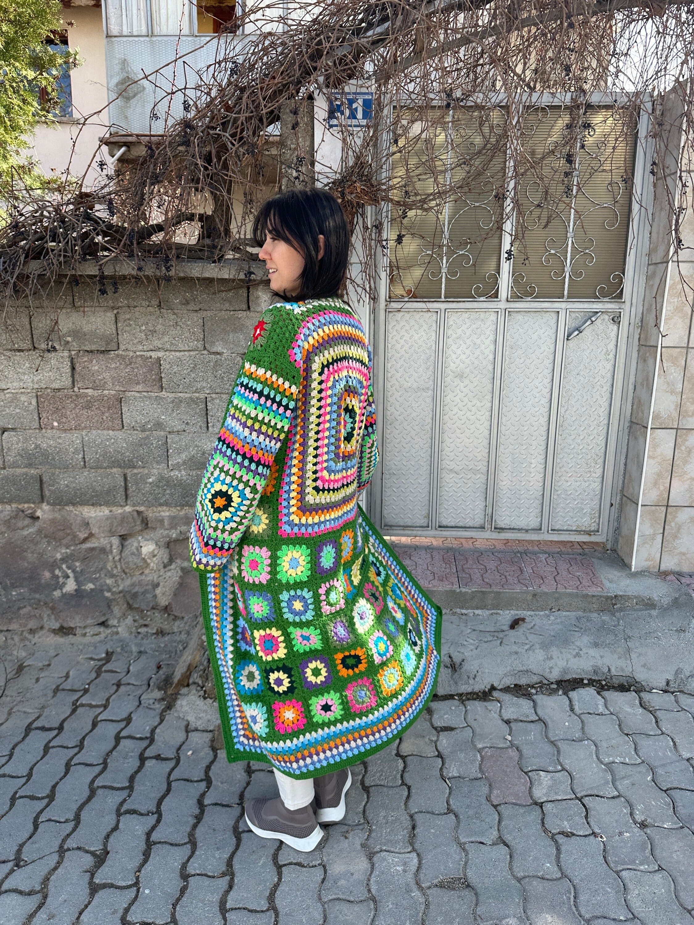 Ready To Ship - Granny Square Cardigan, Green Knit Cardigan, Granny Square Coat, Cotton Knit Jack... — photo 5 of 10