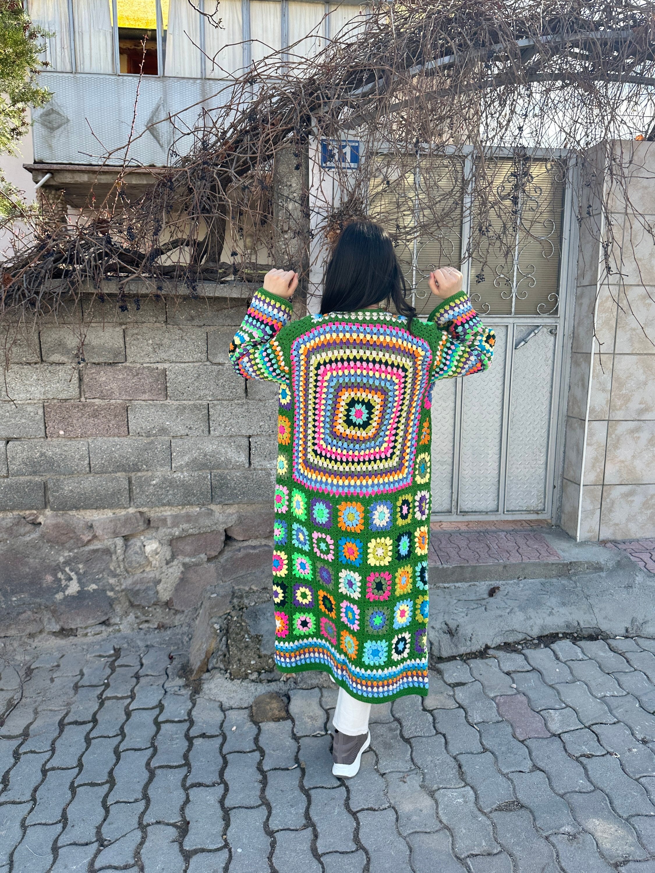 Ready To Ship - Granny Square Cardigan, Green Knit Cardigan, Granny Square Coat, Cotton Knit Jack... — photo 7 of 10