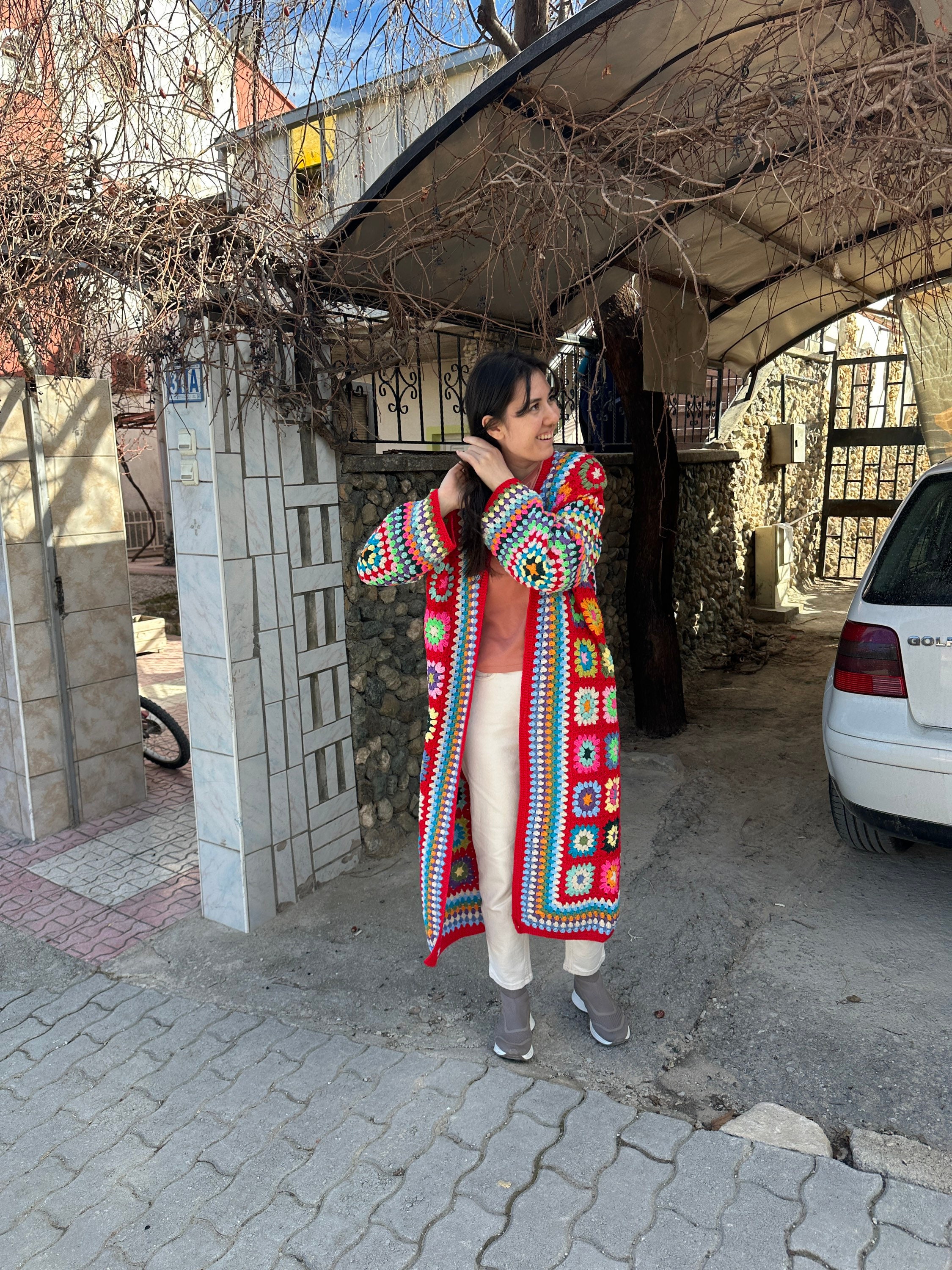 Ready To Ship - Granny Square Cardigan, Red Patchwork Jacket, Afghan Coat, Long Granny Square Coa... — photo 2 of 10