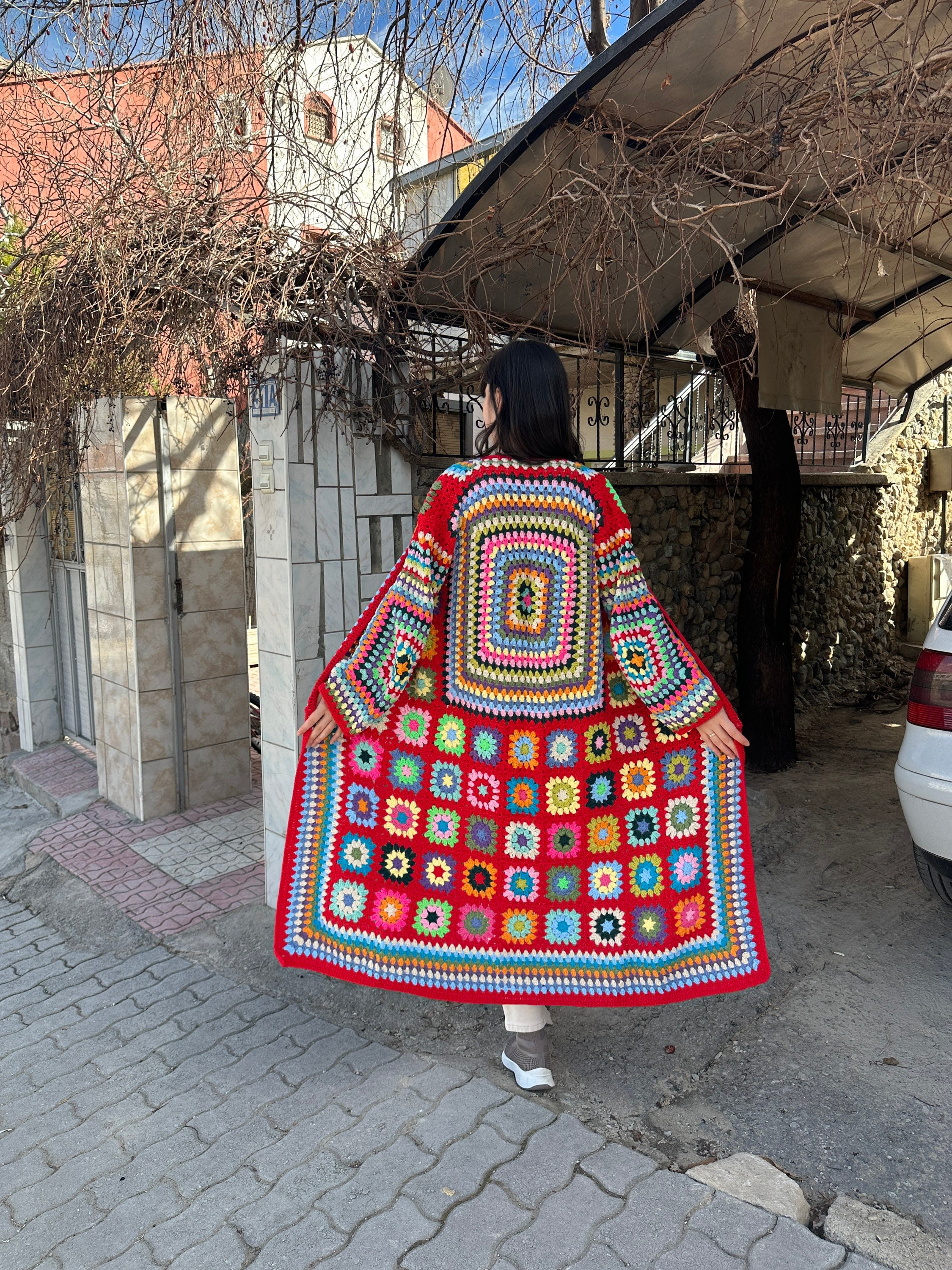 Ready To Ship - Granny Square Cardigan, Red Patchwork Jacket, Afghan Coat, Long Granny Square Coat, Boho Jacket, Granny Square Sweater