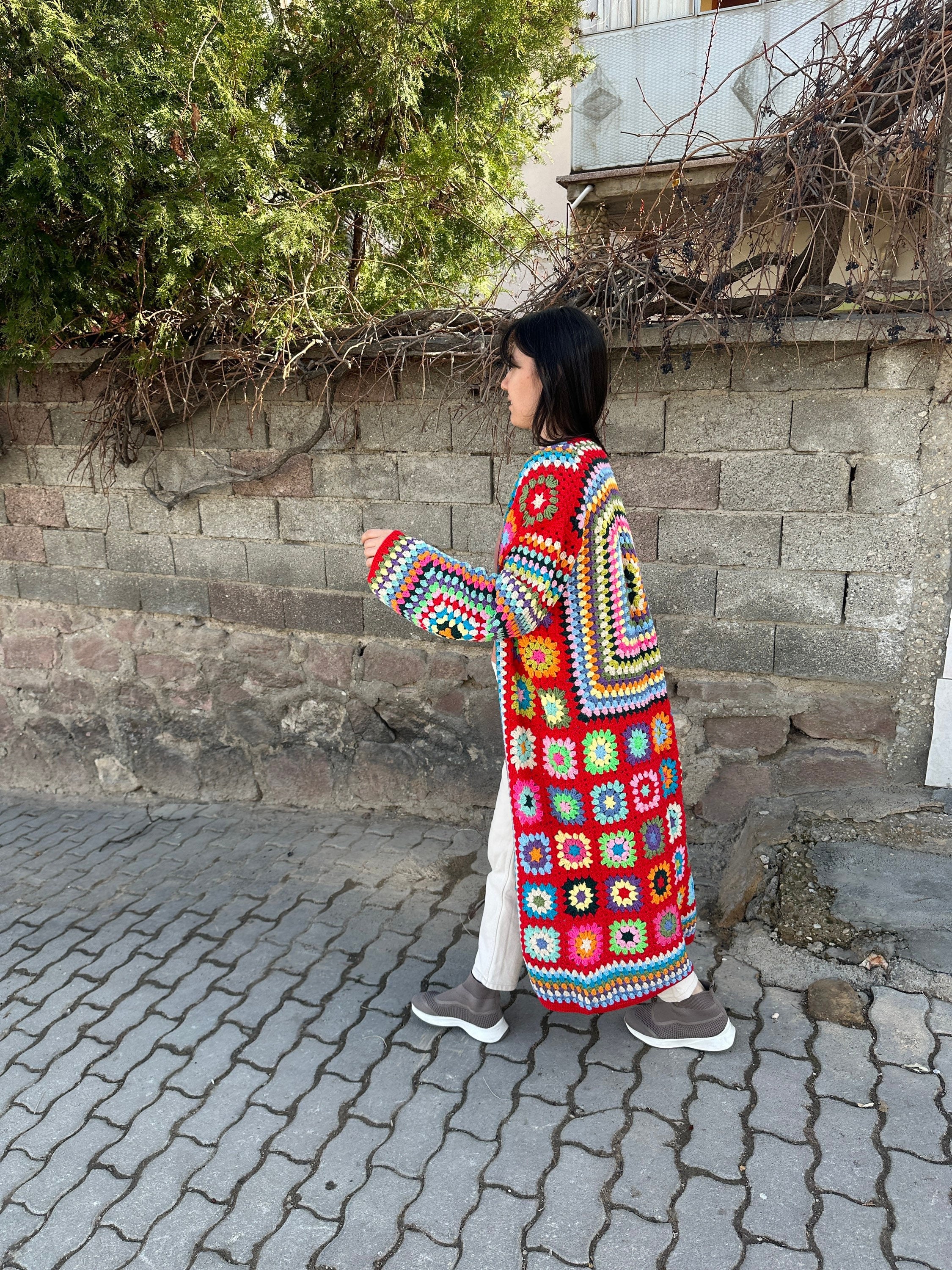 Ready To Ship - Granny Square Cardigan, Red Patchwork Jacket, Afghan Coat, Long Granny Square Coa... — photo 4 of 10