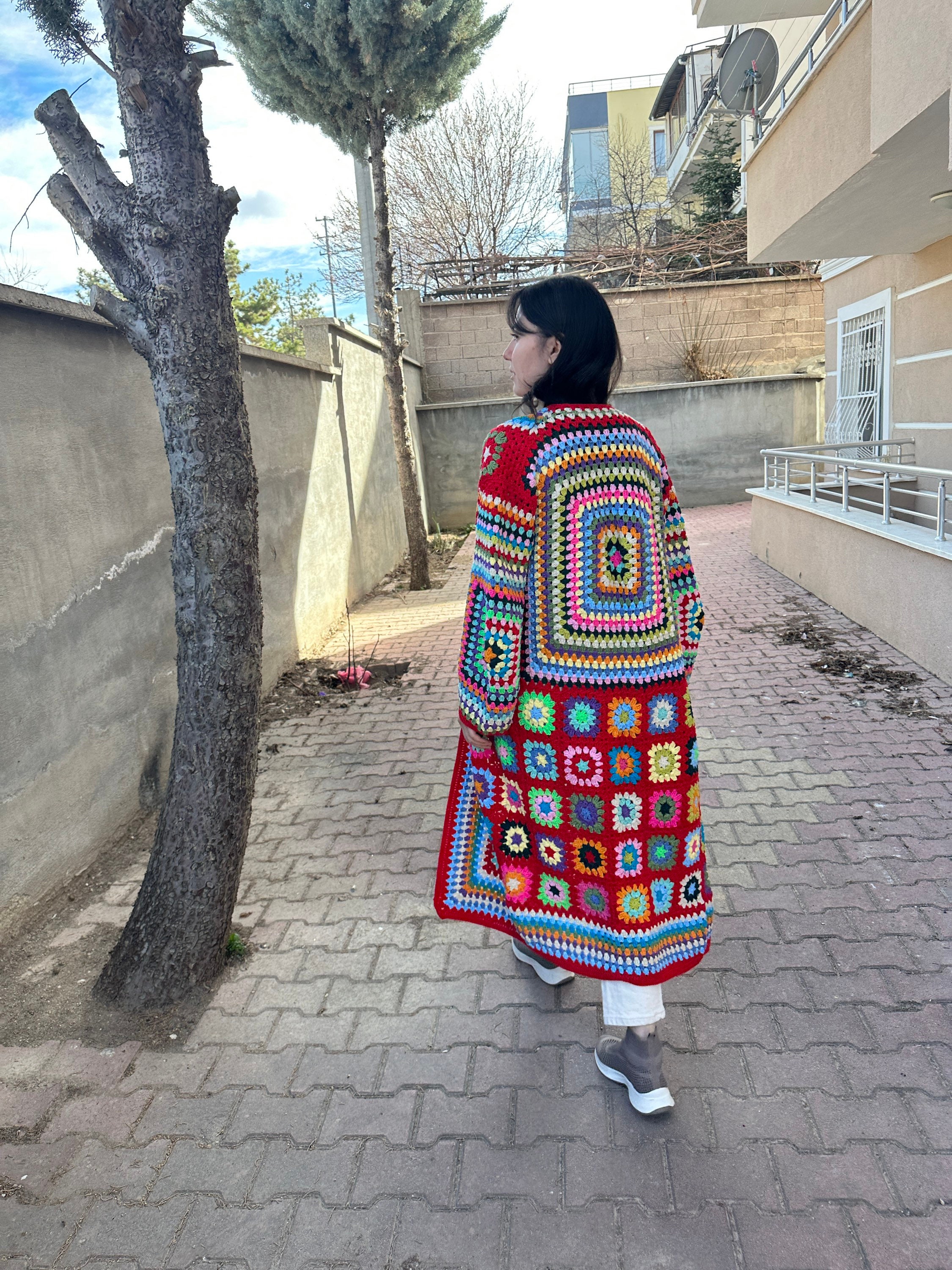 Ready To Ship - Granny Square Cardigan, Red Patchwork Jacket, Afghan Coat, Long Granny Square Coa... — photo 5 of 10
