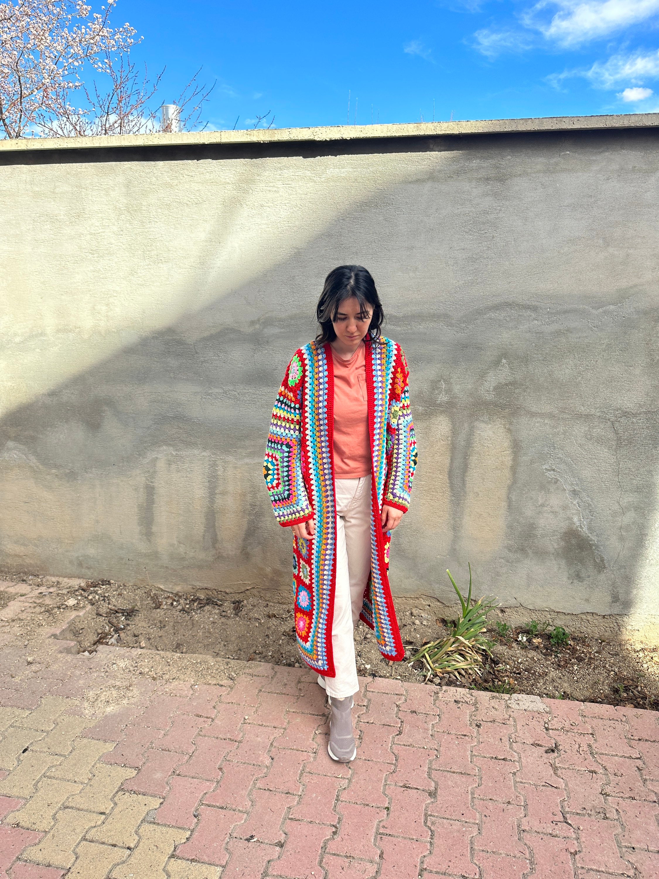 Ready To Ship - Granny Square Cardigan, Red Patchwork Jacket, Afghan Coat, Long Granny Square Coa... — photo 6 of 10