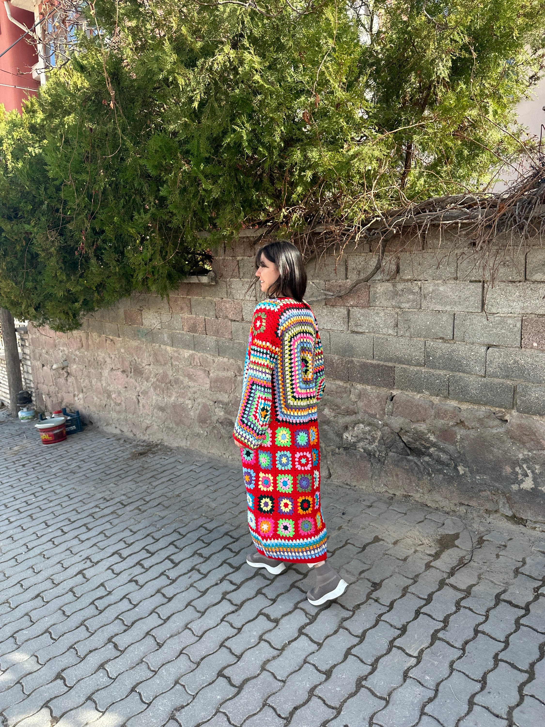 Ready To Ship - Granny Square Cardigan, Red Patchwork Jacket, Afghan Coat, Long Granny Square Coa... — photo 3 of 10