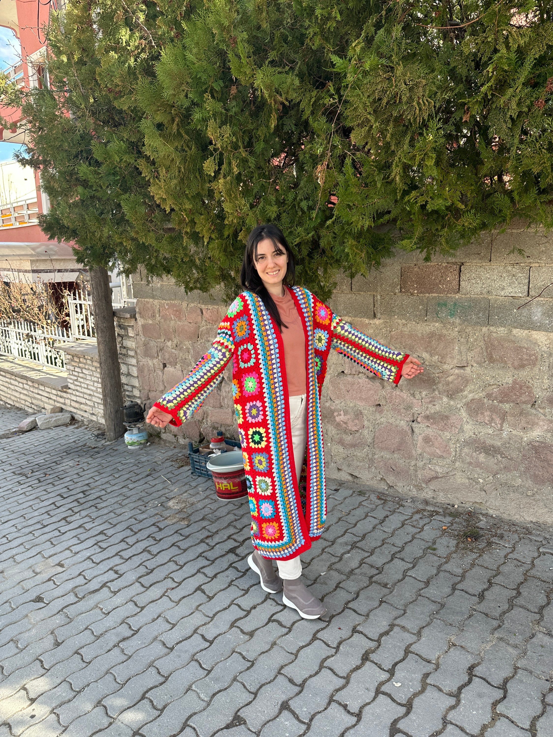 Ready To Ship - Granny Square Cardigan, Red Patchwork Jacket, Afghan Coat, Long Granny Square Coa... — photo 7 of 10