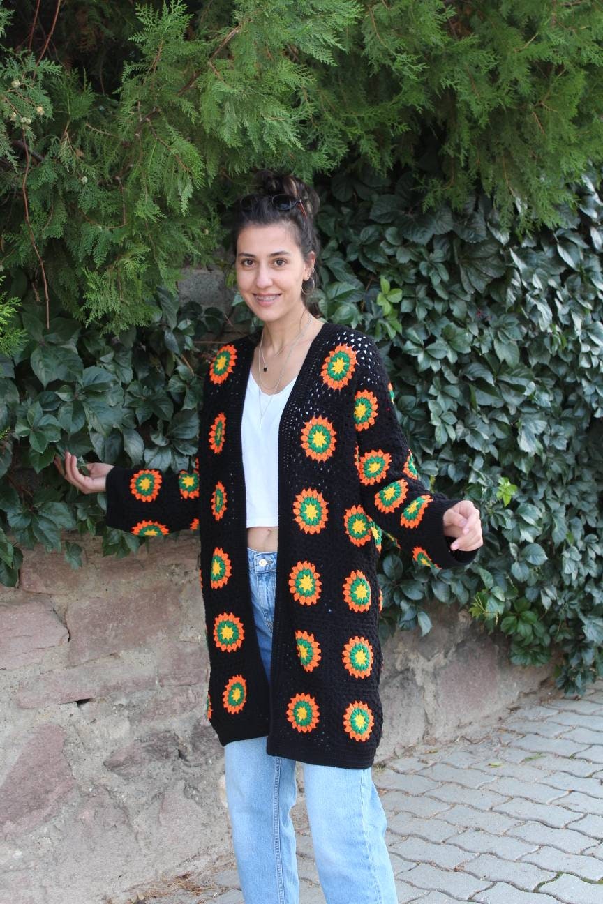 Ready To Ship - Granny Square Cardigan, Sunflower Crochet Cardigan, Afghan Crochet, Boho Cardigan, Granny Square Sweater, Granny Square Coat