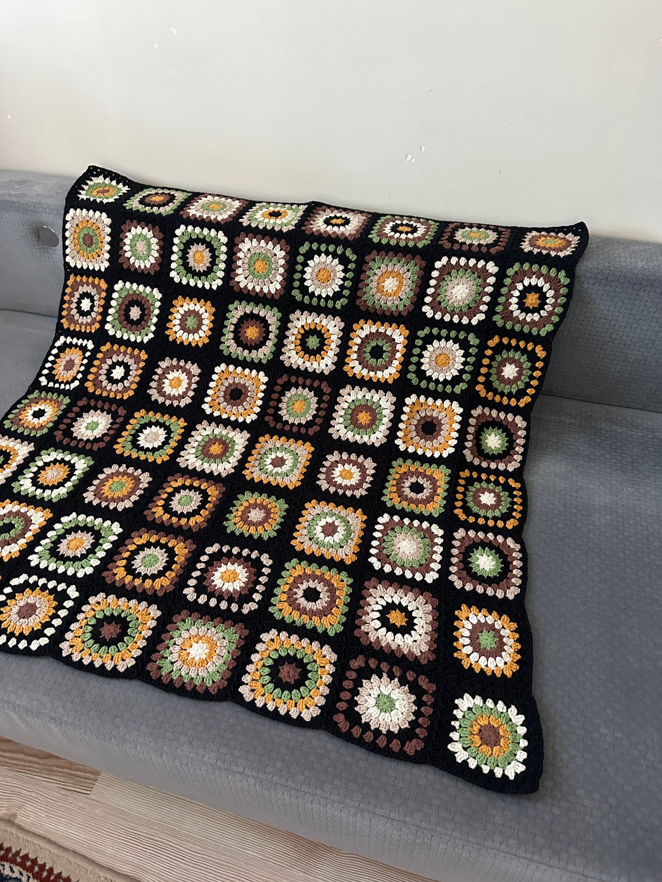 Ready To Ship - Granny Square Couch Blanket, Afghan Crochet Boho Sofa Cover, Tv Throw Blanket, Cotton Sofa Throw Blanket