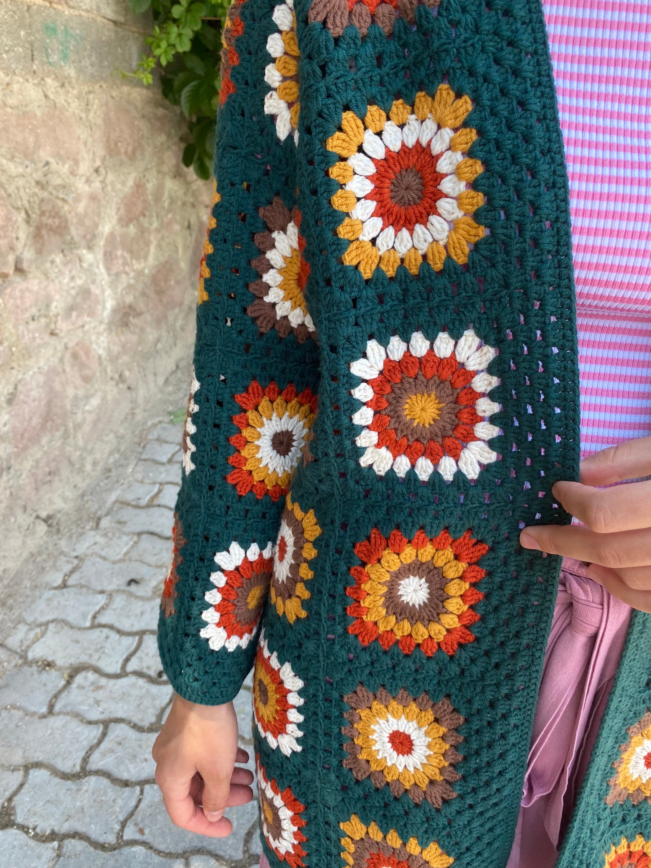 Ready To Ship - Granny Square Crochet Cardigan, Granny Square Coat, Afghan Coat, Boho Jacket, Granny Square Sweater, Granny Square Jacket