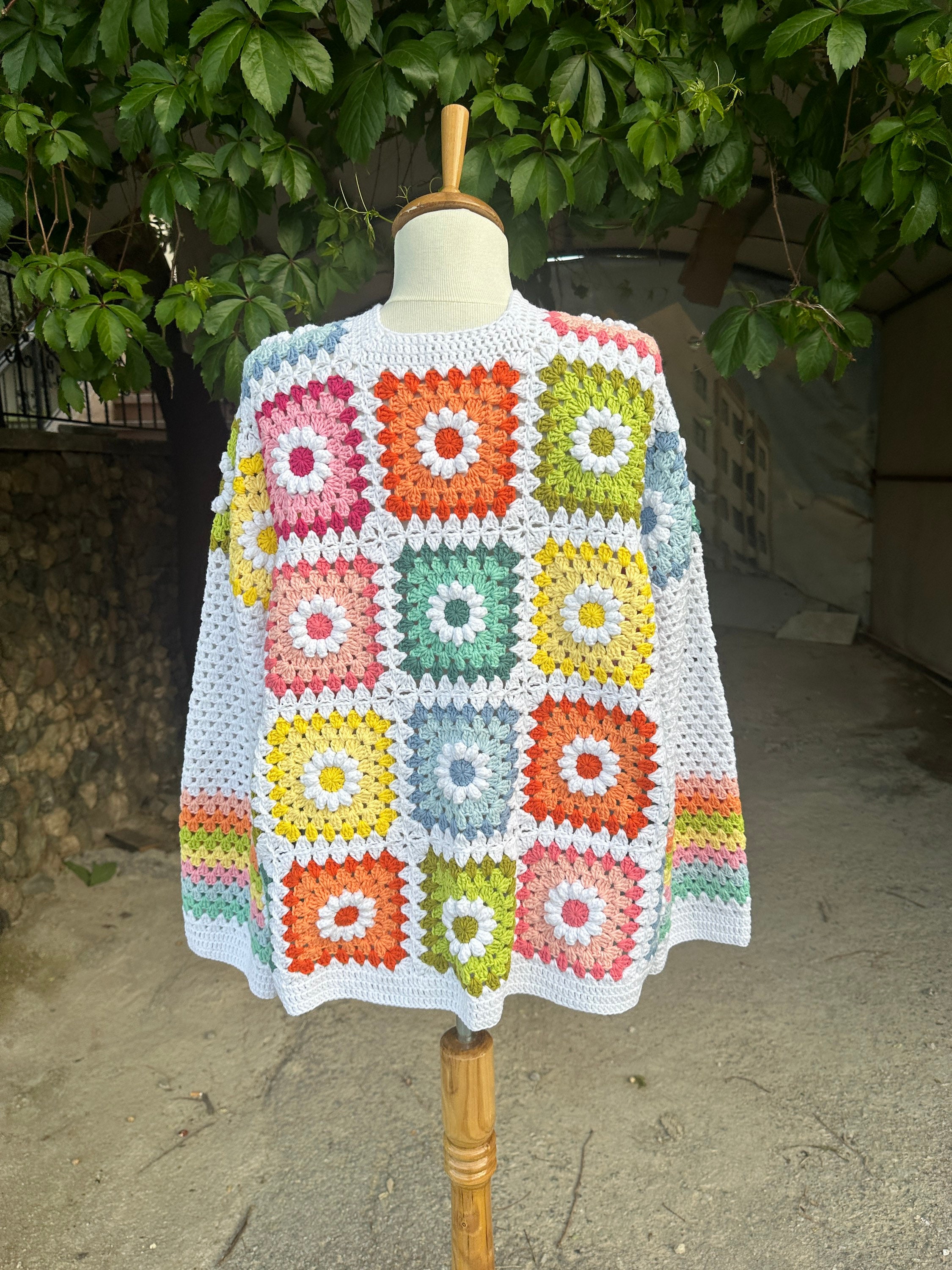 Ready To Ship - Granny Square Daisy Cardigan, Afghan Flower Sweater, Granny Square Jacket, Knit A... — photo 3 of 10