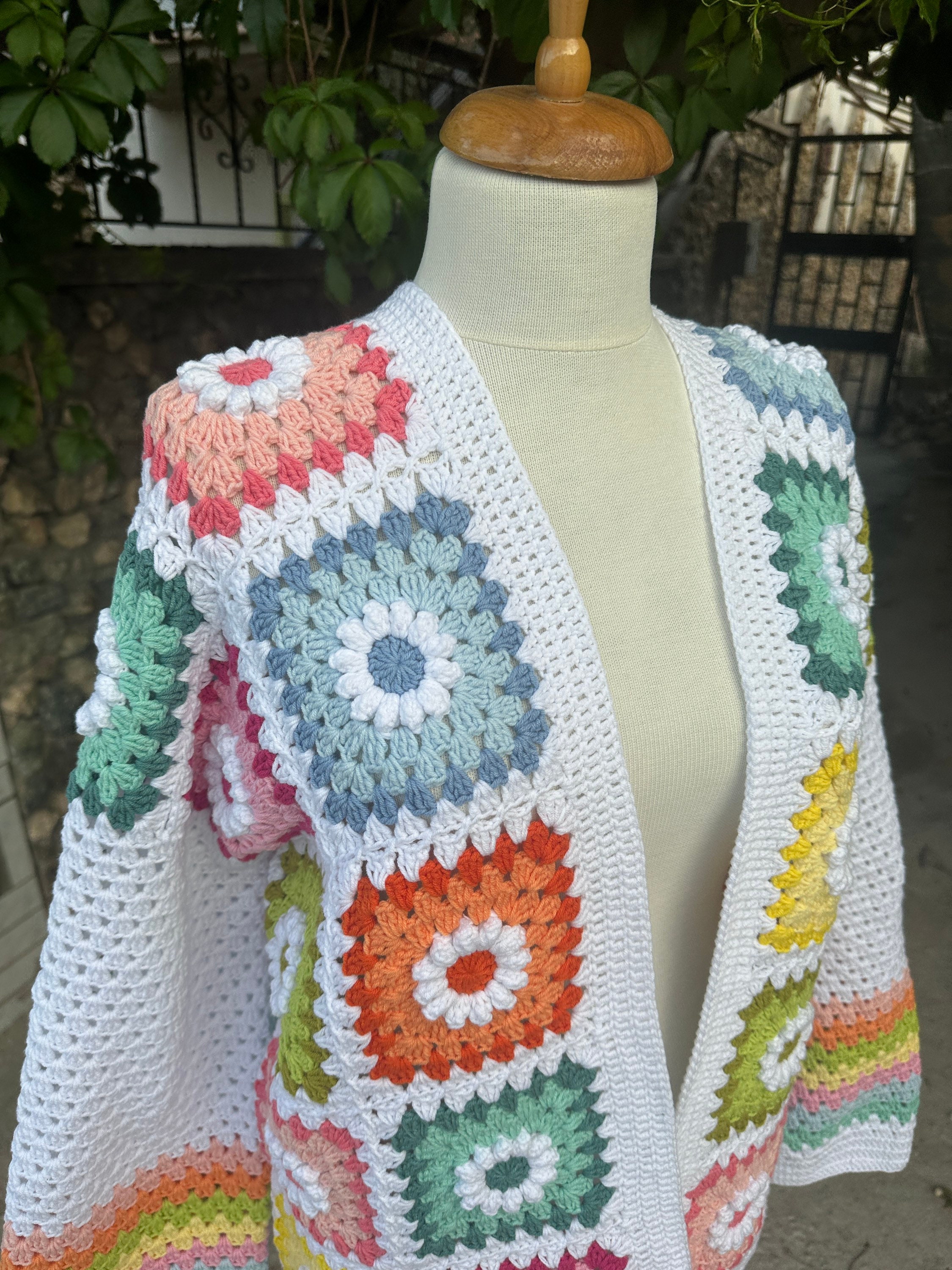 Ready To Ship - Granny Square Daisy Cardigan, Afghan Flower Sweater, Granny Square Jacket, Knit A... — photo 4 of 10