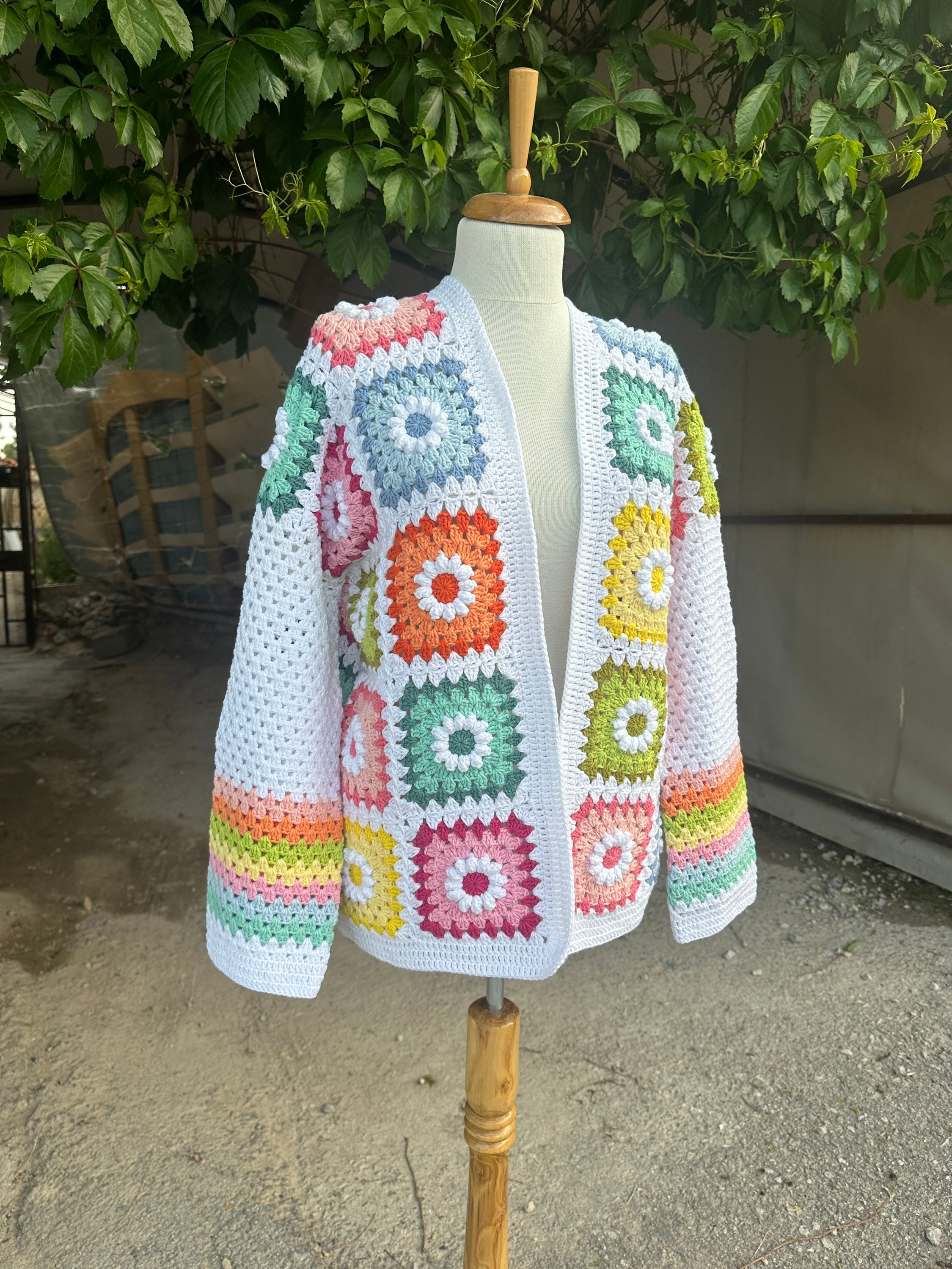 Ready To Ship - Granny Square Daisy Cardigan, Afghan Flower Sweater, Granny Square Jacket, Knit A... — photo 6 of 10