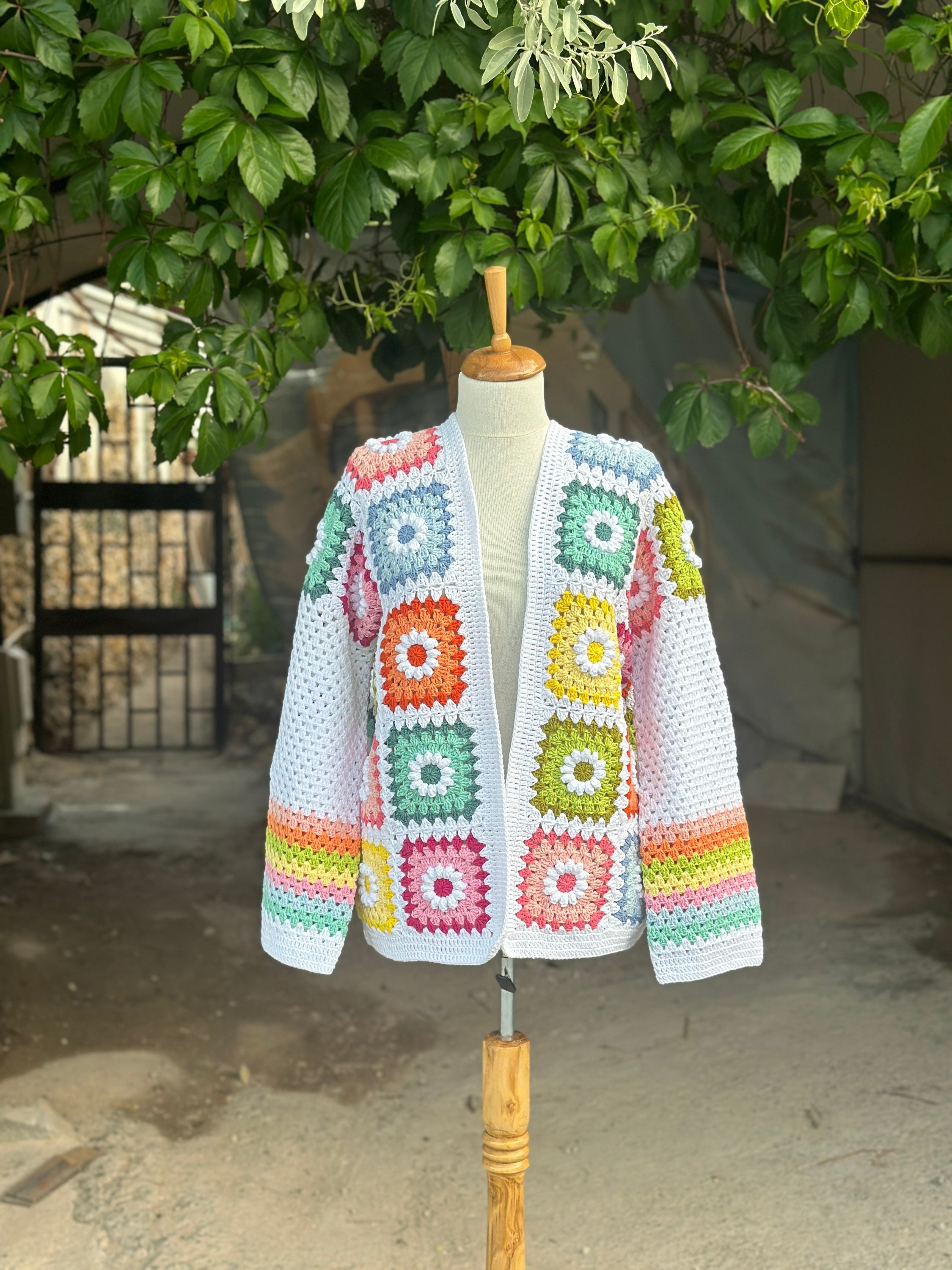 Ready To Ship - Granny Square Daisy Cardigan, Afghan Flower Sweater, Granny Square Jacket, Knit A... — photo 5 of 10
