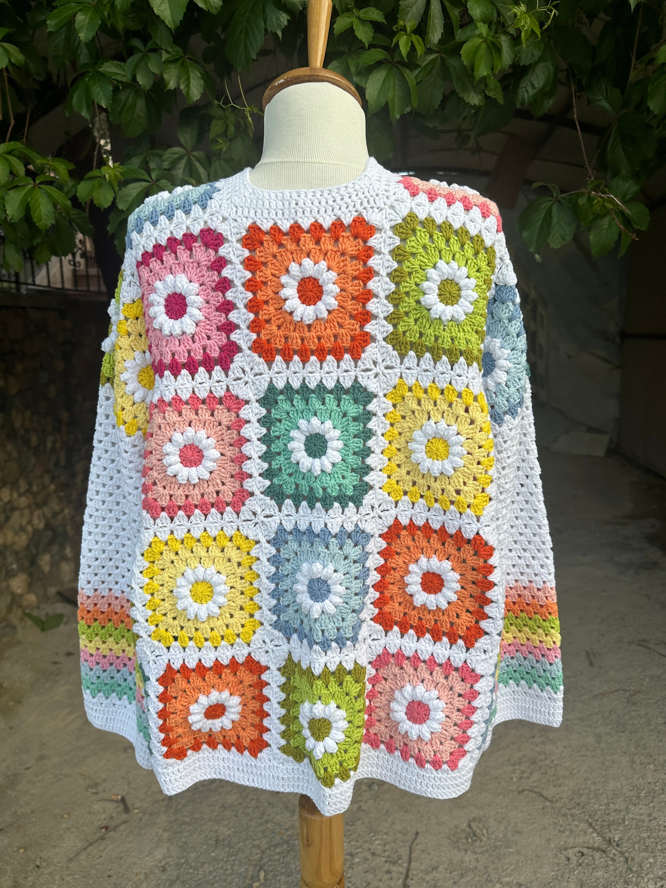 Ready To Ship - Granny Square Daisy Cardigan, Afghan Flower Sweater, Granny Square Jacket, Knit A... — photo 2 of 10