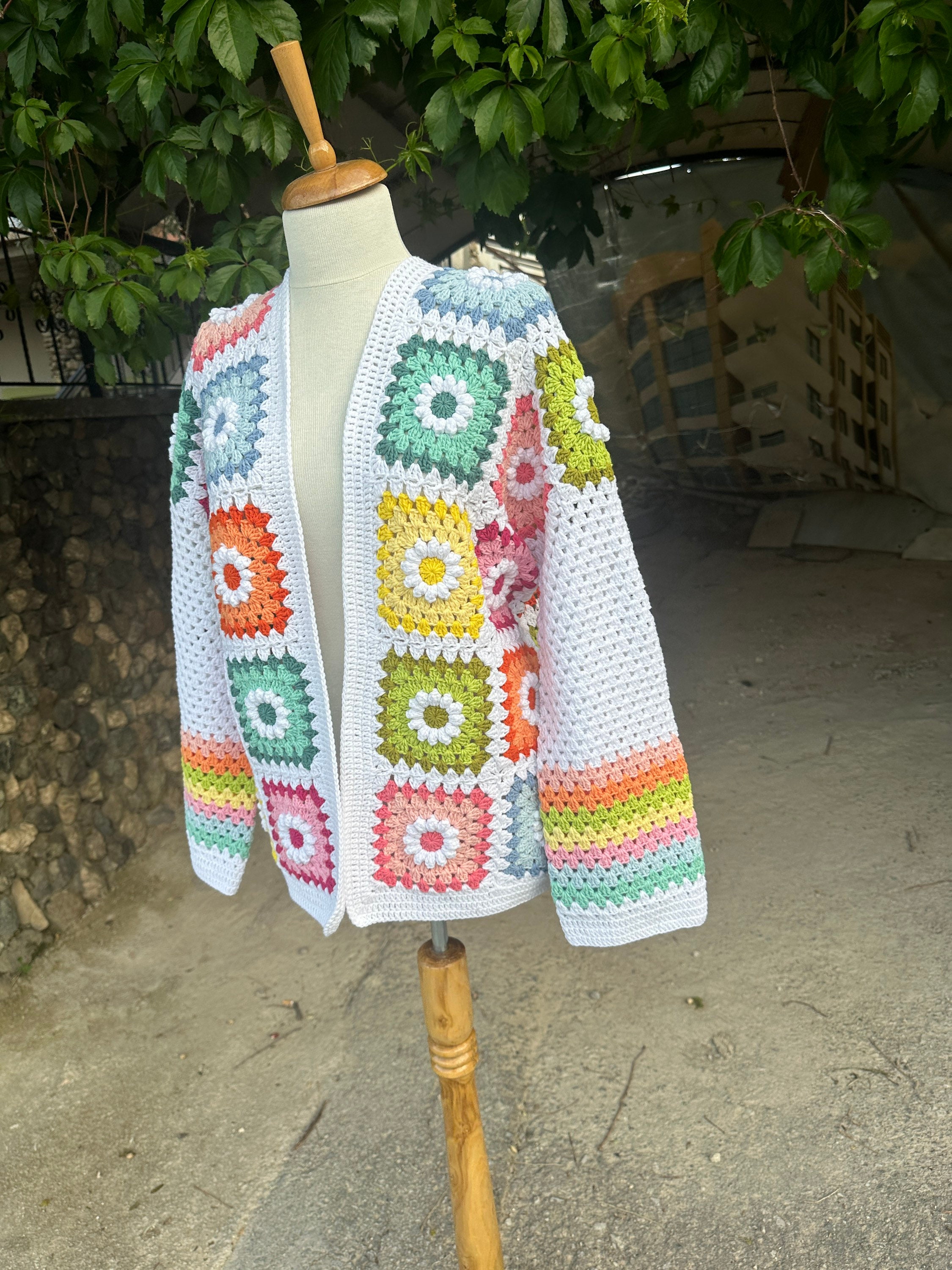 Ready To Ship - Granny Square Daisy Cardigan, Afghan Flower Sweater, Granny Square Jacket, Knit A... — photo 7 of 10