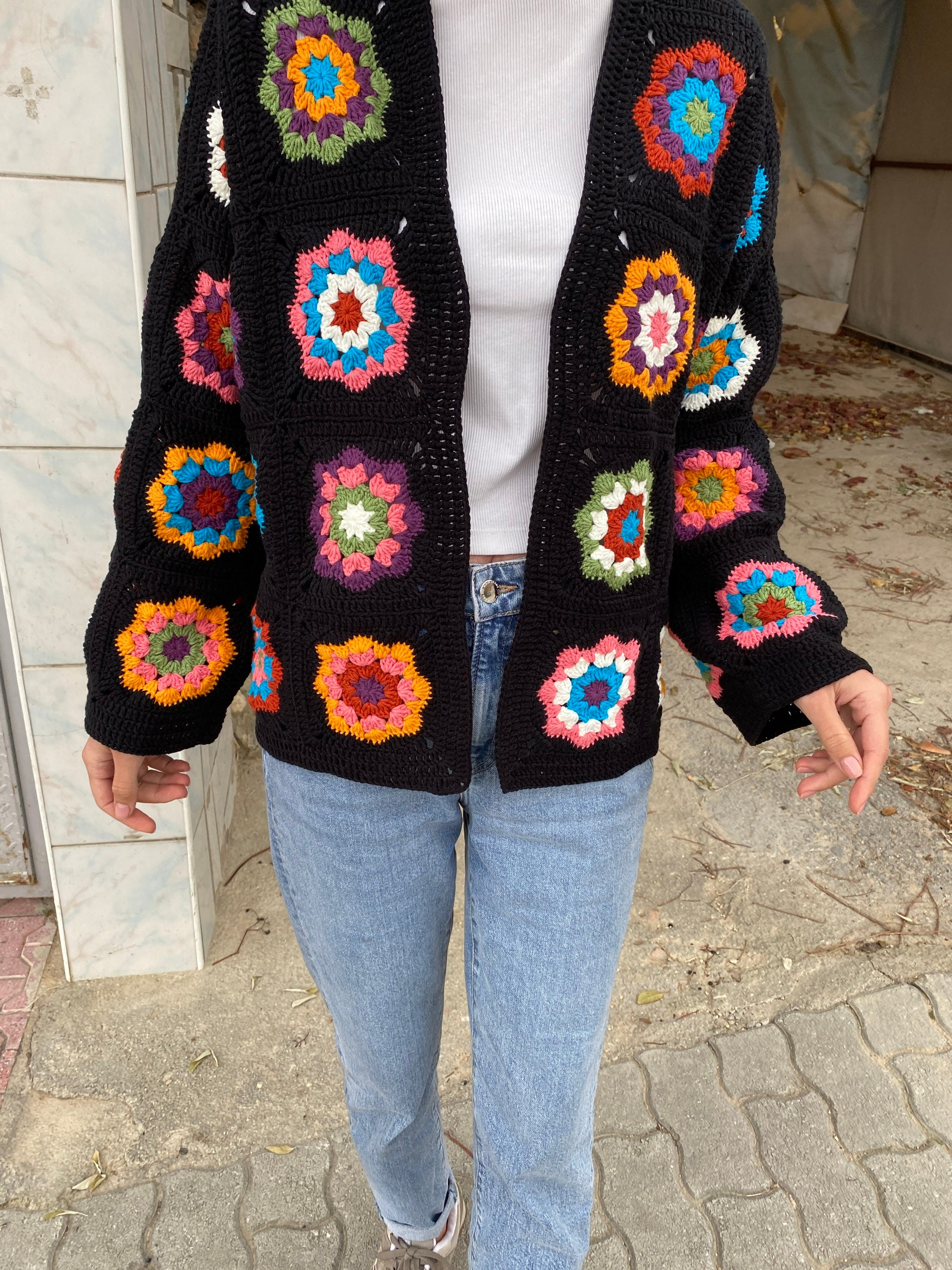 Ready To Ship - Granny Square Jacket, Patchwork Boho Cropped Jacket, Granny Square Sweater, Crochet Afghan Jacket, Cotton Cardigan