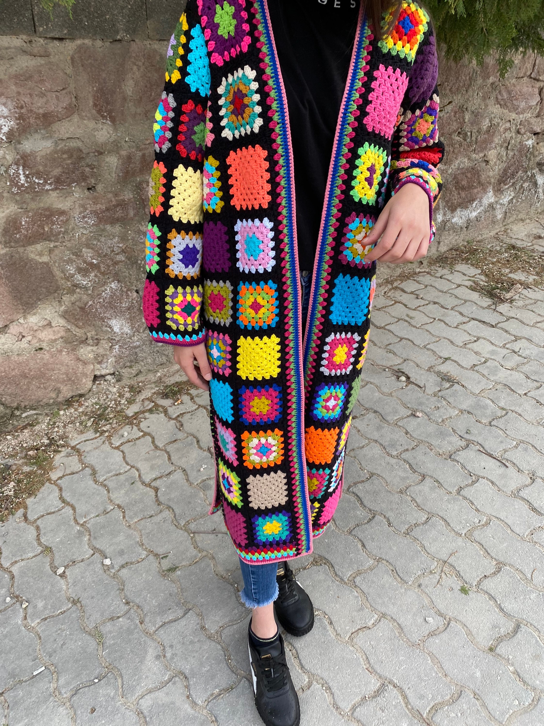 Ready To Ship - Granny Square Long Cardigan, Afghan Crochet Coat, Granny Square Jacket, Granny Sq... — photo 2 of 10