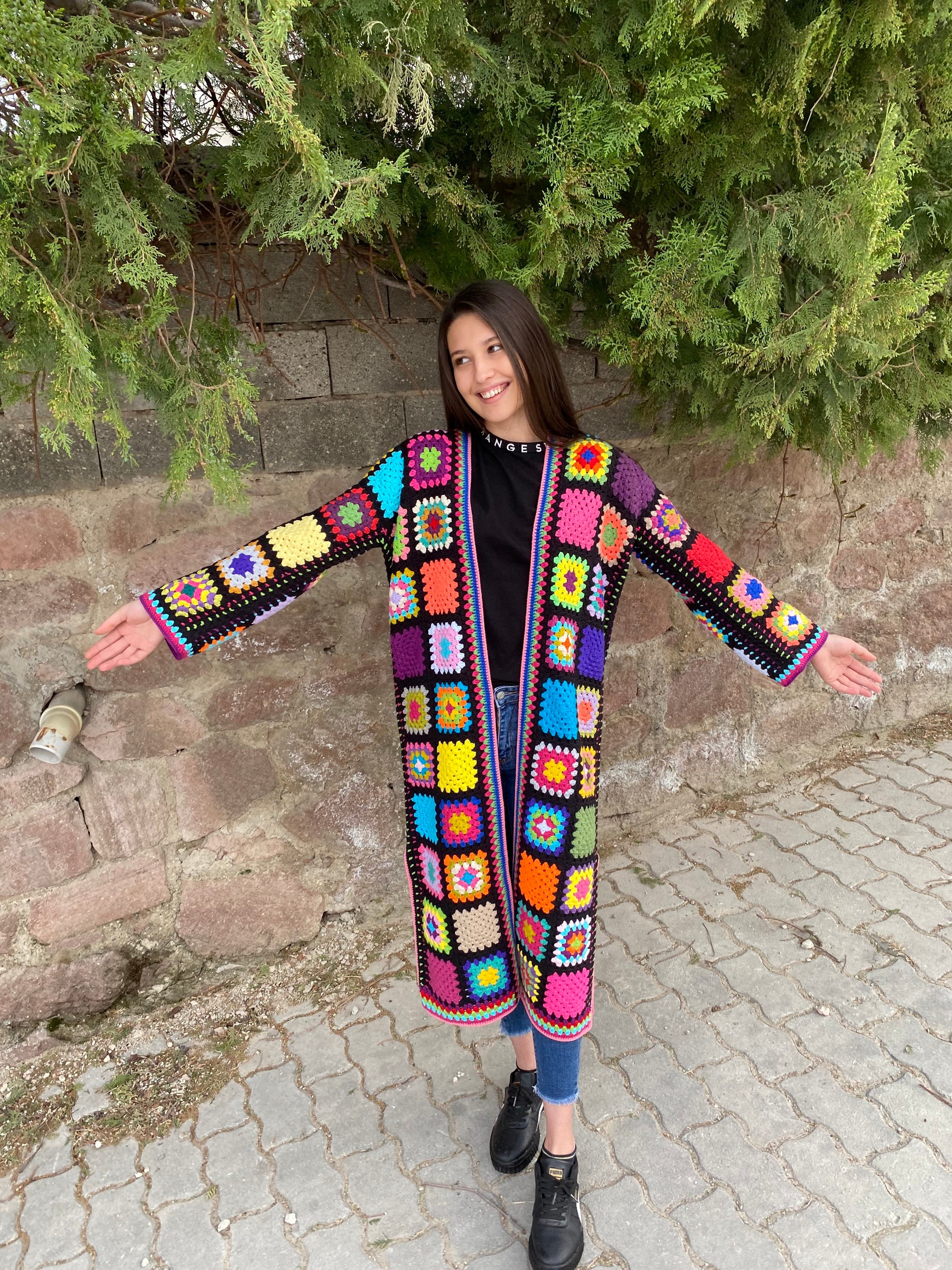 Ready To Ship - Granny Square Long Cardigan, Afghan Crochet Coat, Granny Square Jacket, Granny Sq... — photo 5 of 10