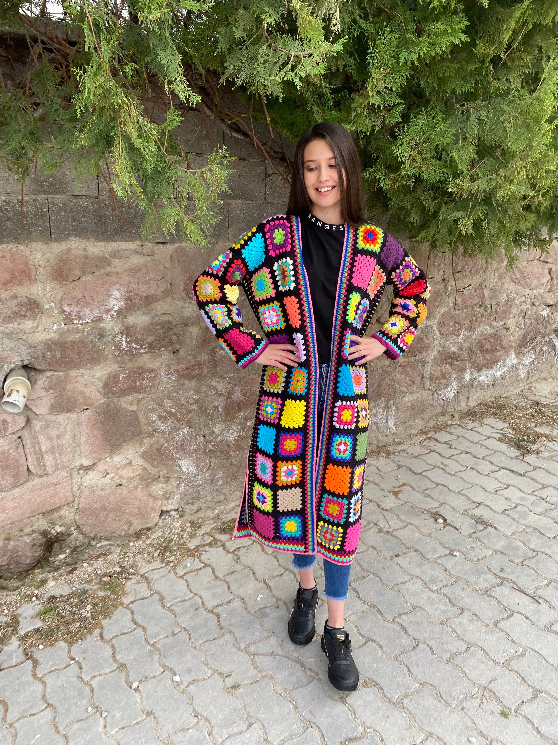 Ready To Ship - Granny Square Long Cardigan, Afghan Crochet Coat, Granny Square Jacket, Granny Sq... — photo 6 of 10