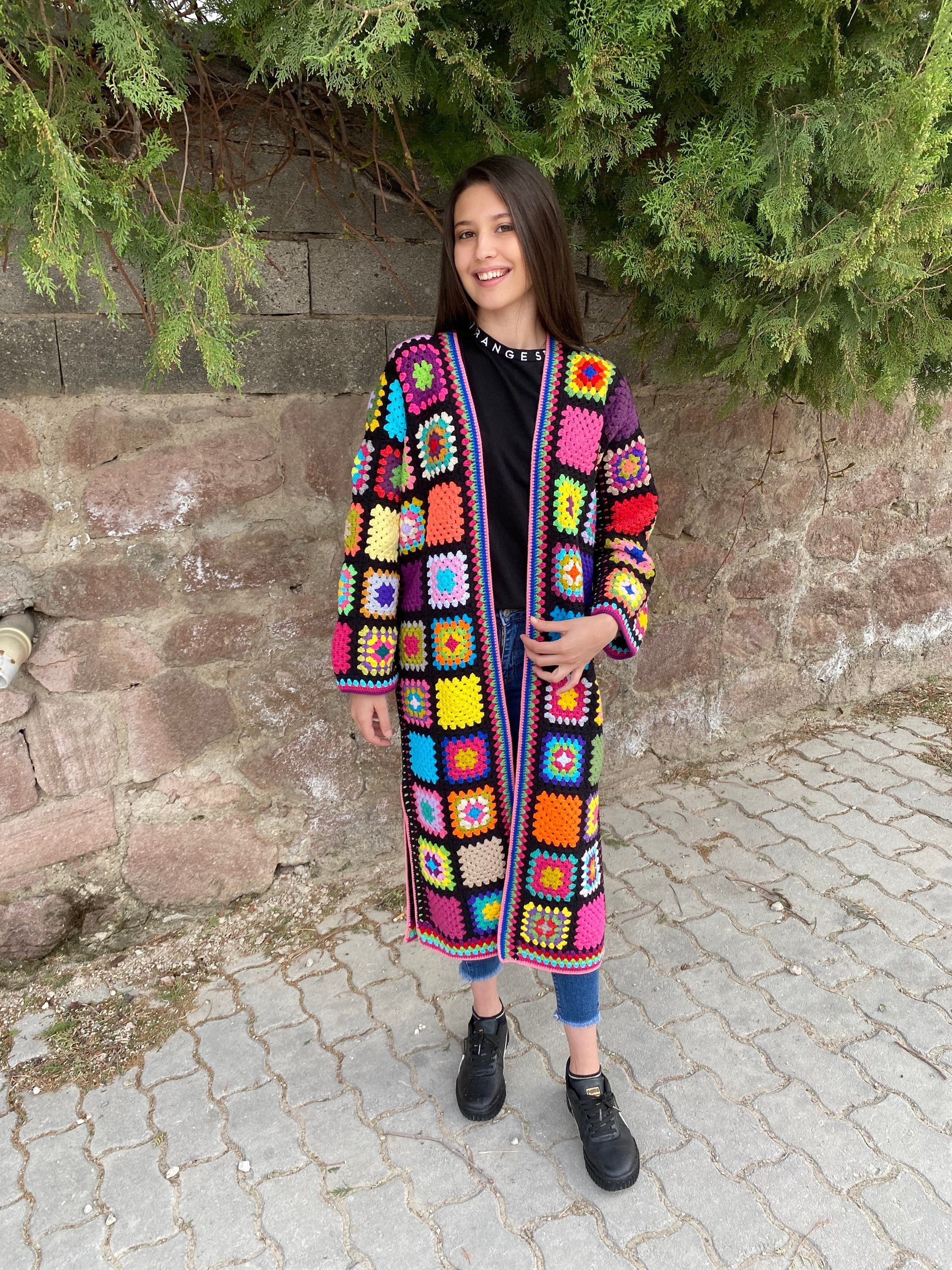 Ready To Ship - Granny Square Long Cardigan, Afghan Crochet Coat, Granny Square Jacket, Granny Sq... — photo 7 of 10