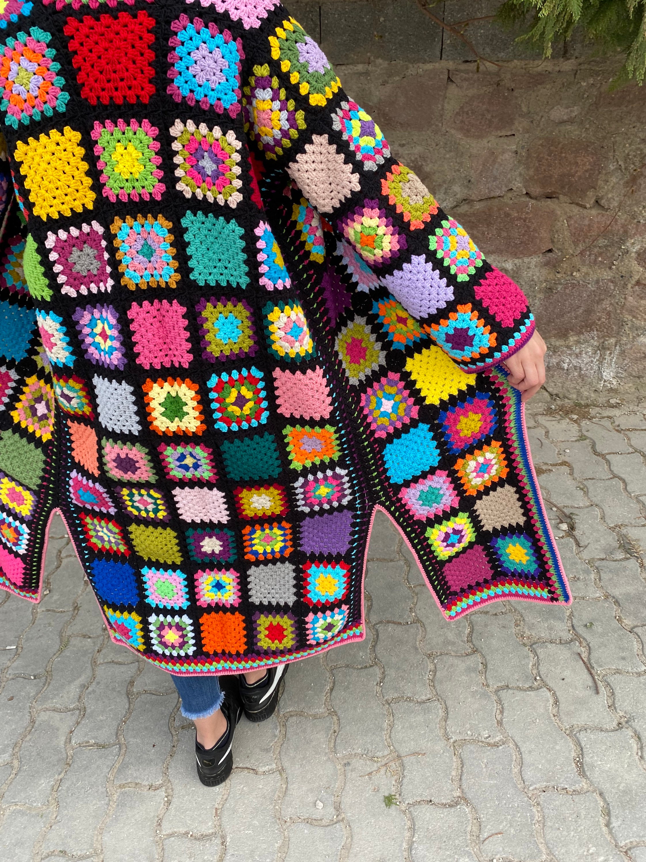 Ready To Ship - Granny Square Long Cardigan, Afghan Crochet Coat, Granny Square Jacket, Granny Square Sweater, Hippie Patchwork Cardigan
