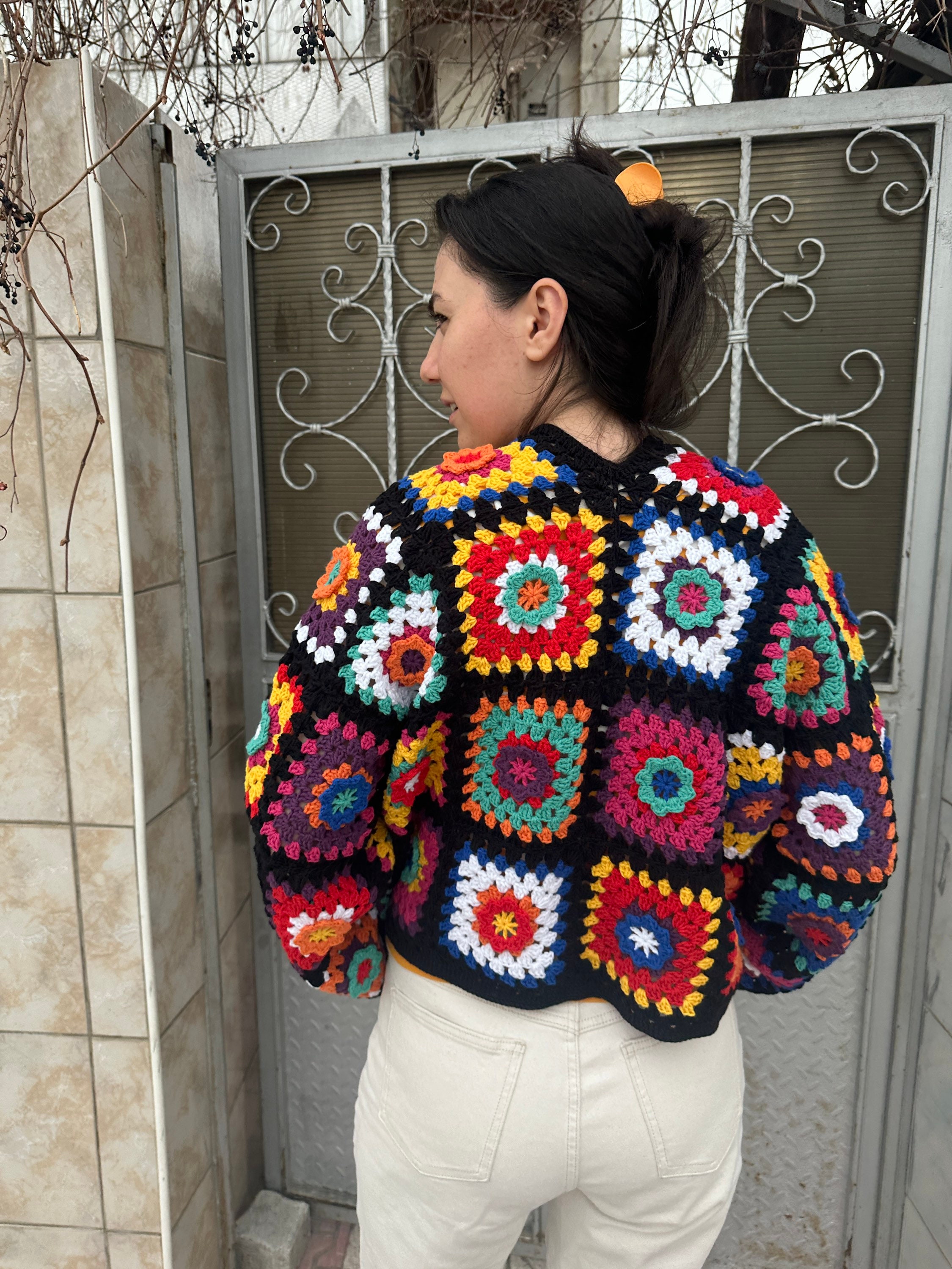 Ready to Ship - Granny Square Sweater, Patchwork Jacket, Afghan Boho Floral Sweater, Crochet Cardigan, Granny Square Cardigan