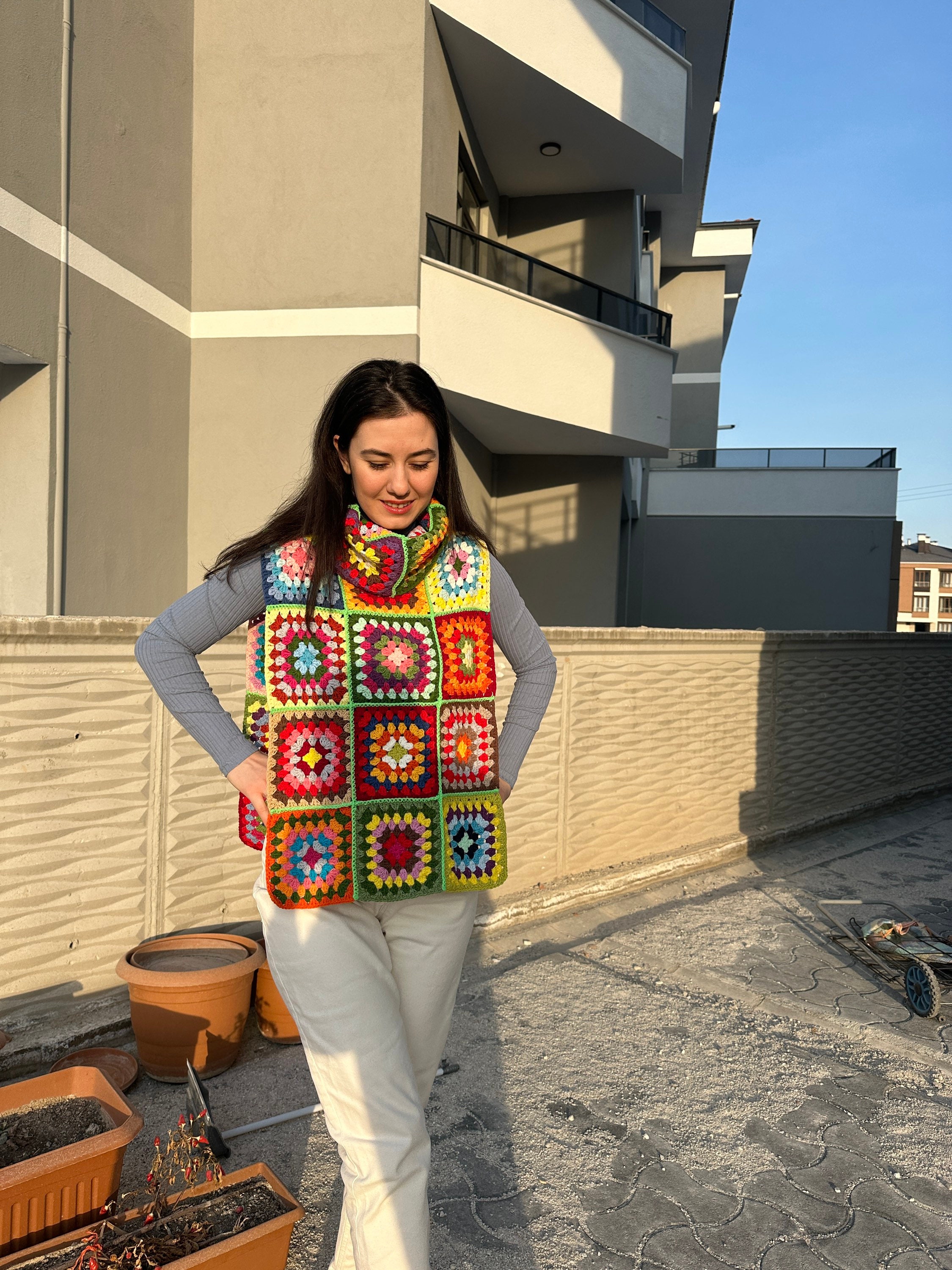 Ready To Ship - Granny Turtleneck Sweater, Crochet Sleeveless Vest, Granny Square NeckWarmer, Handmade Pullover, Granny Square Top,