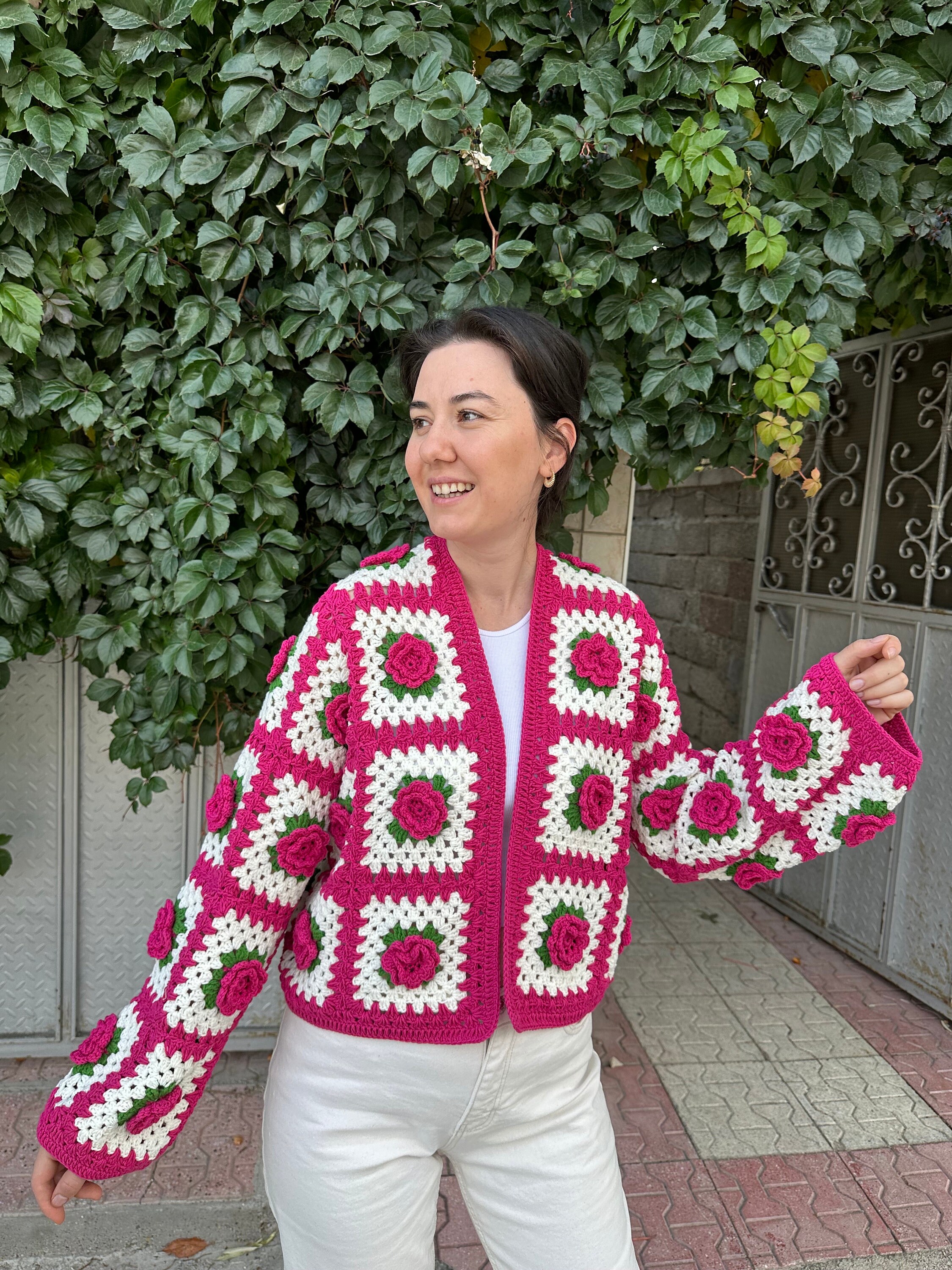 Ready To Ship - Pink Flowers Handmade Cardigan, Granny Square Jacket, Cropped Rose Knitted Cardig... — photo 2 of 10