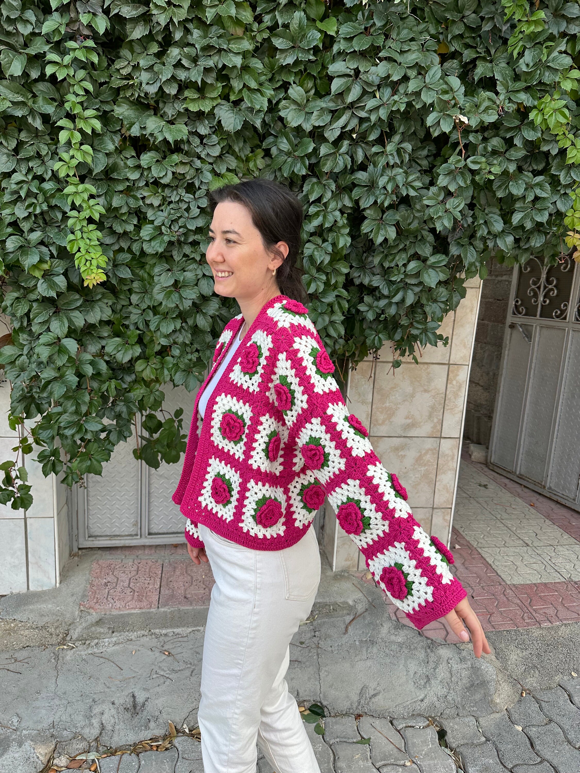 Ready To Ship - Pink Flowers Handmade Cardigan, Granny Square Jacket, Cropped Rose Knitted Cardig... — photo 4 of 10
