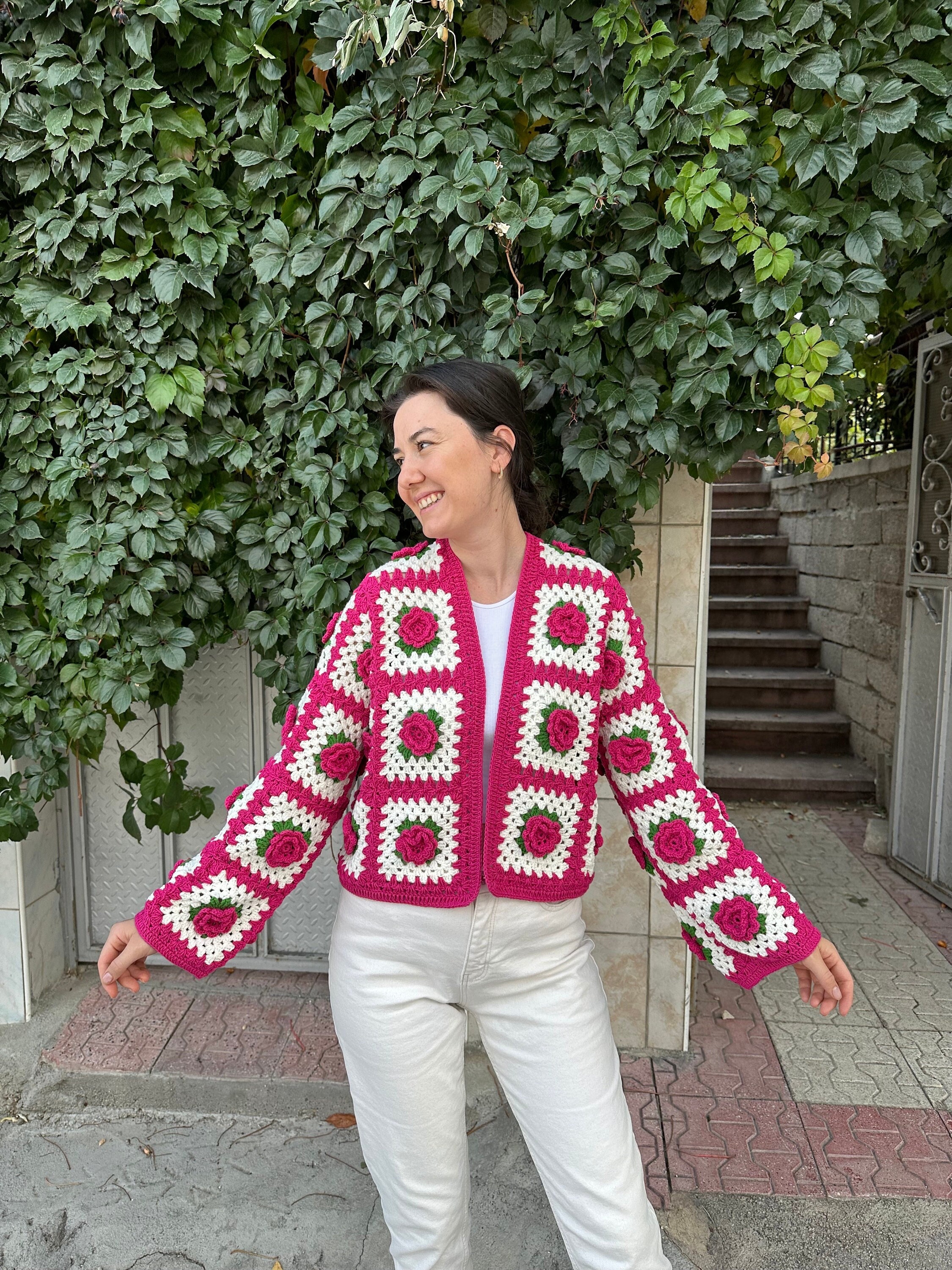 Ready To Ship - Pink Flowers Handmade Cardigan, Granny Square Jacket, Cropped Rose Knitted Cardig... — photo 3 of 10