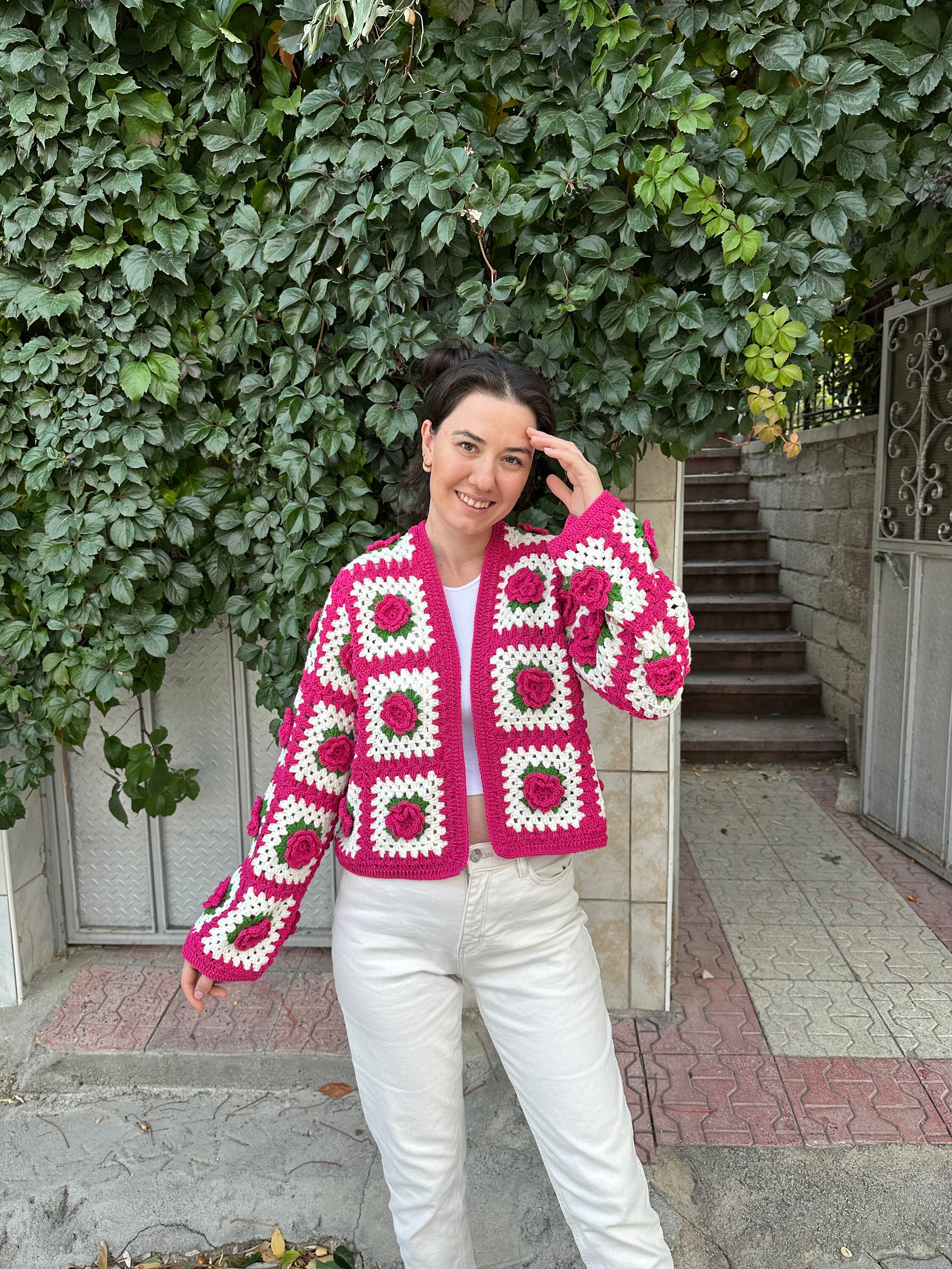 Ready To Ship - Pink Flowers Handmade Cardigan, Granny Square Jacket, Cropped Rose Knitted Cardig... — photo 5 of 10