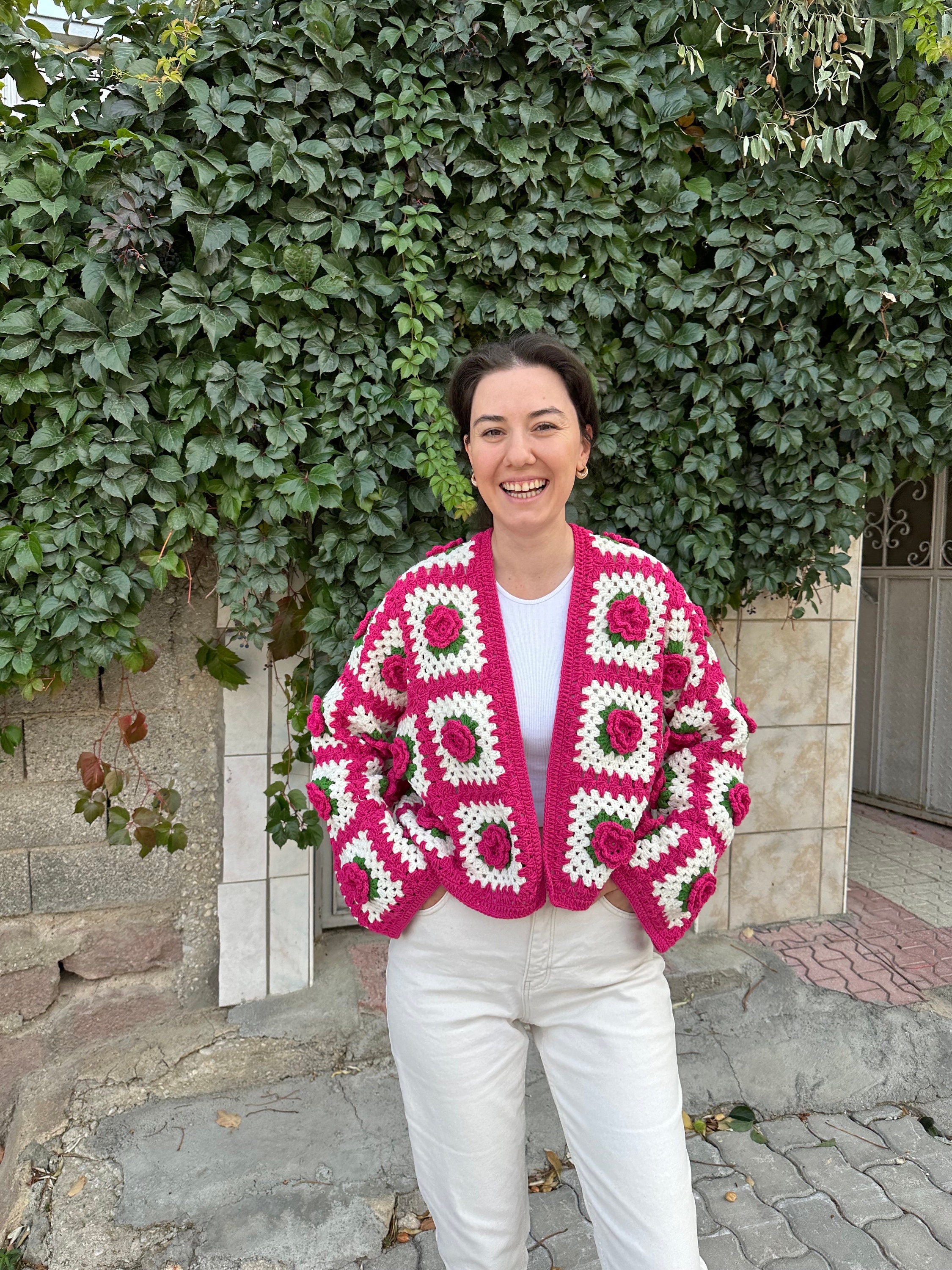 Ready To Ship - Pink Flowers Handmade Cardigan, Granny Square Jacket, Cropped Rose Knitted Cardig... — photo 6 of 10