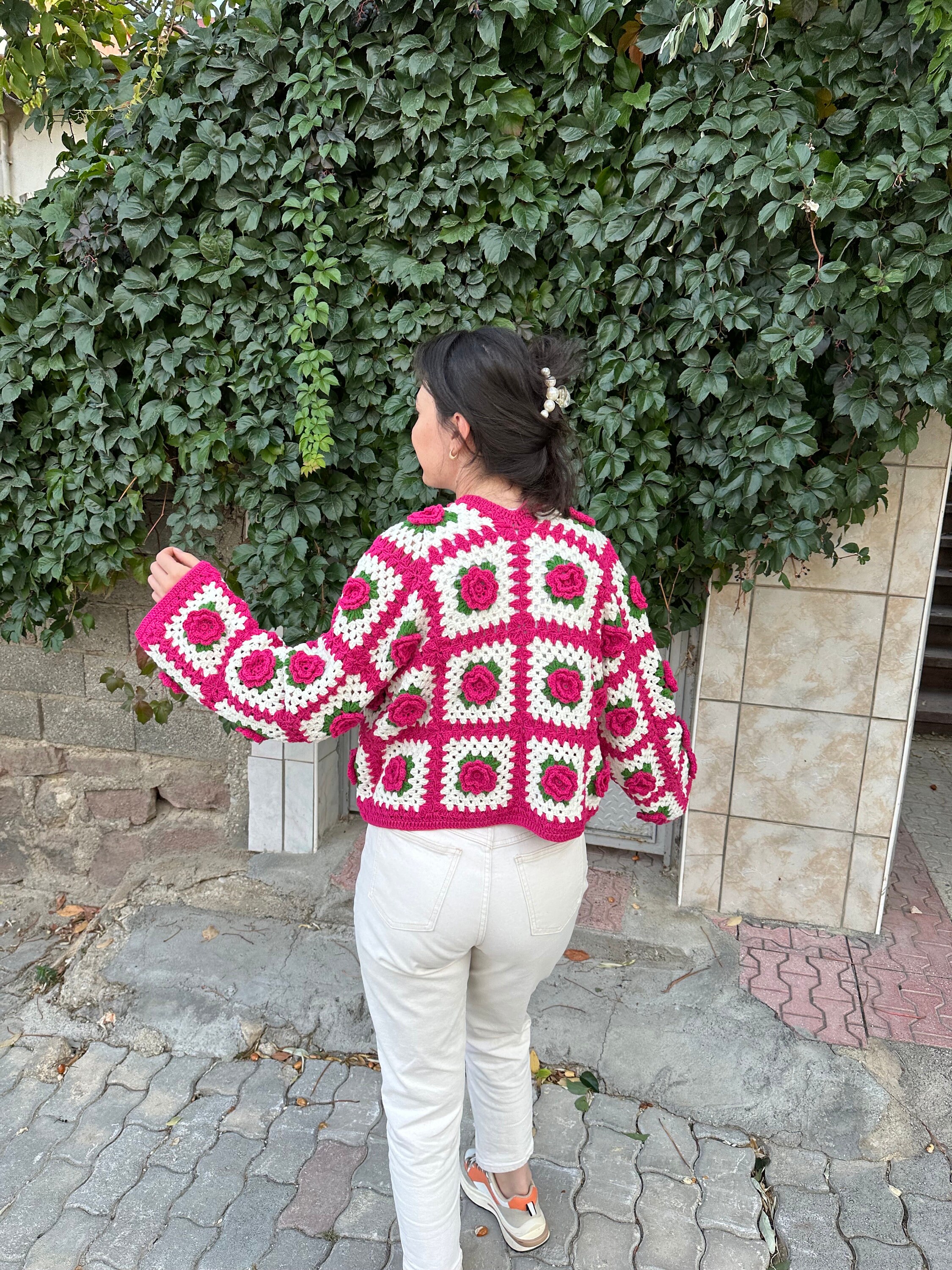 Ready To Ship - Pink Flowers Handmade Cardigan, Granny Square Jacket, Cropped Rose Knitted Cardig... — photo 7 of 10