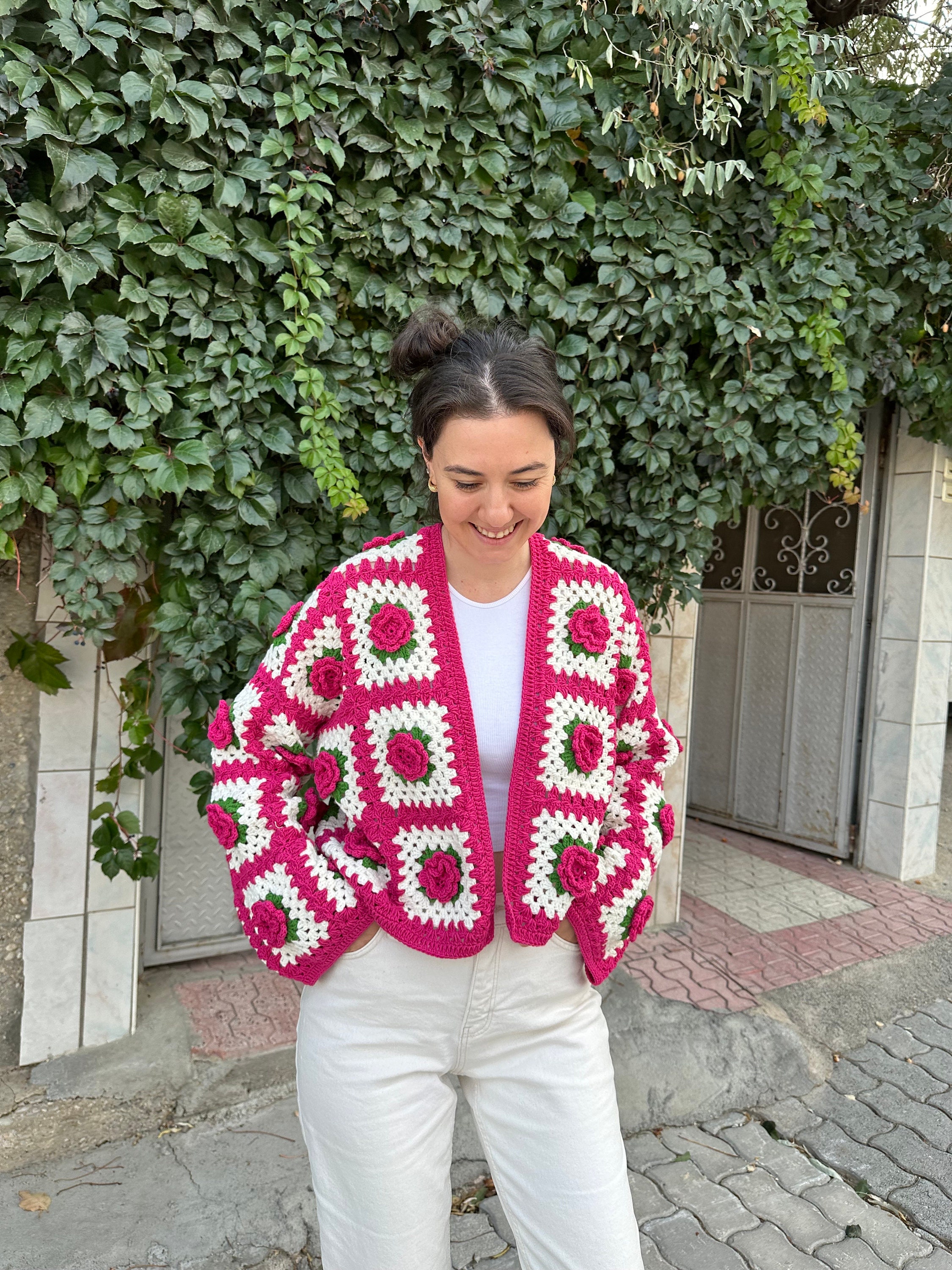 Ready To Ship - Pink Flowers Handmade Cardigan, Granny Square Jacket, Cropped Rose Knitted Cardigan, Vintage Crochet Coat, Afghan Cardigan