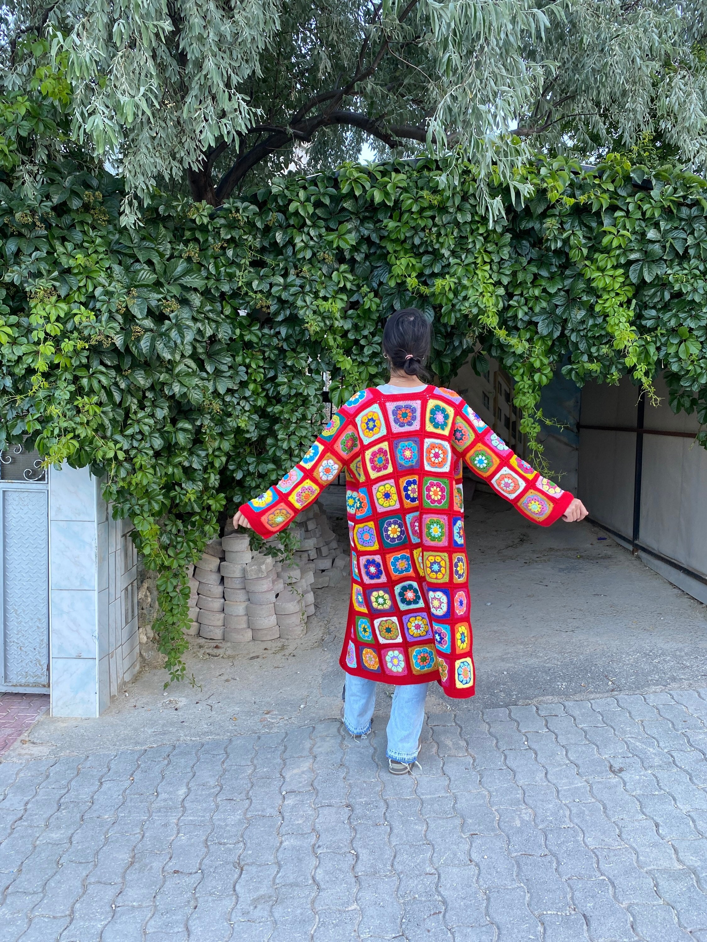 Red Granny Square Cardigan, Afghan Crochet Sweater, Hippie Cardigan, Boho Style Cardigan, Afghan ... — photo 6 of 10