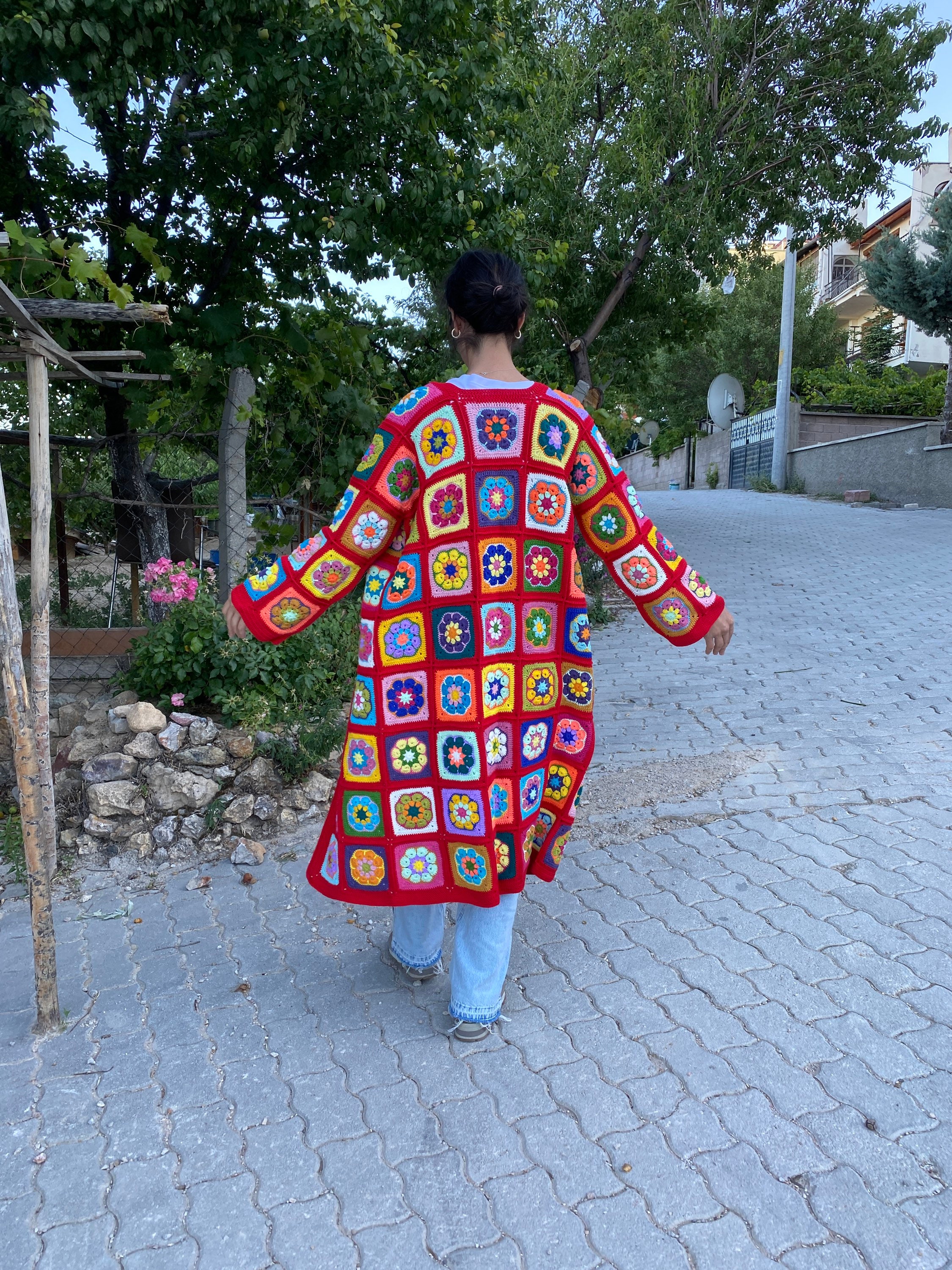 Red Granny Square Cardigan, Afghan Crochet Sweater, Hippie Cardigan, Boho Style Cardigan, Afghan ... — photo 4 of 10