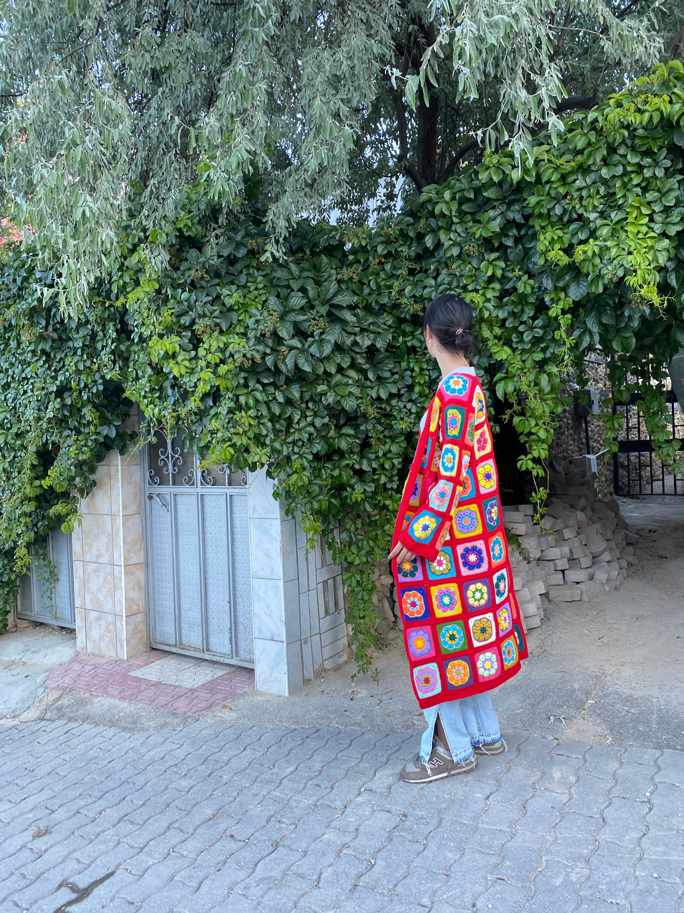 Red Granny Square Cardigan, Afghan Crochet Sweater, Hippie Cardigan, Boho Style Cardigan, Afghan ... — photo 7 of 10