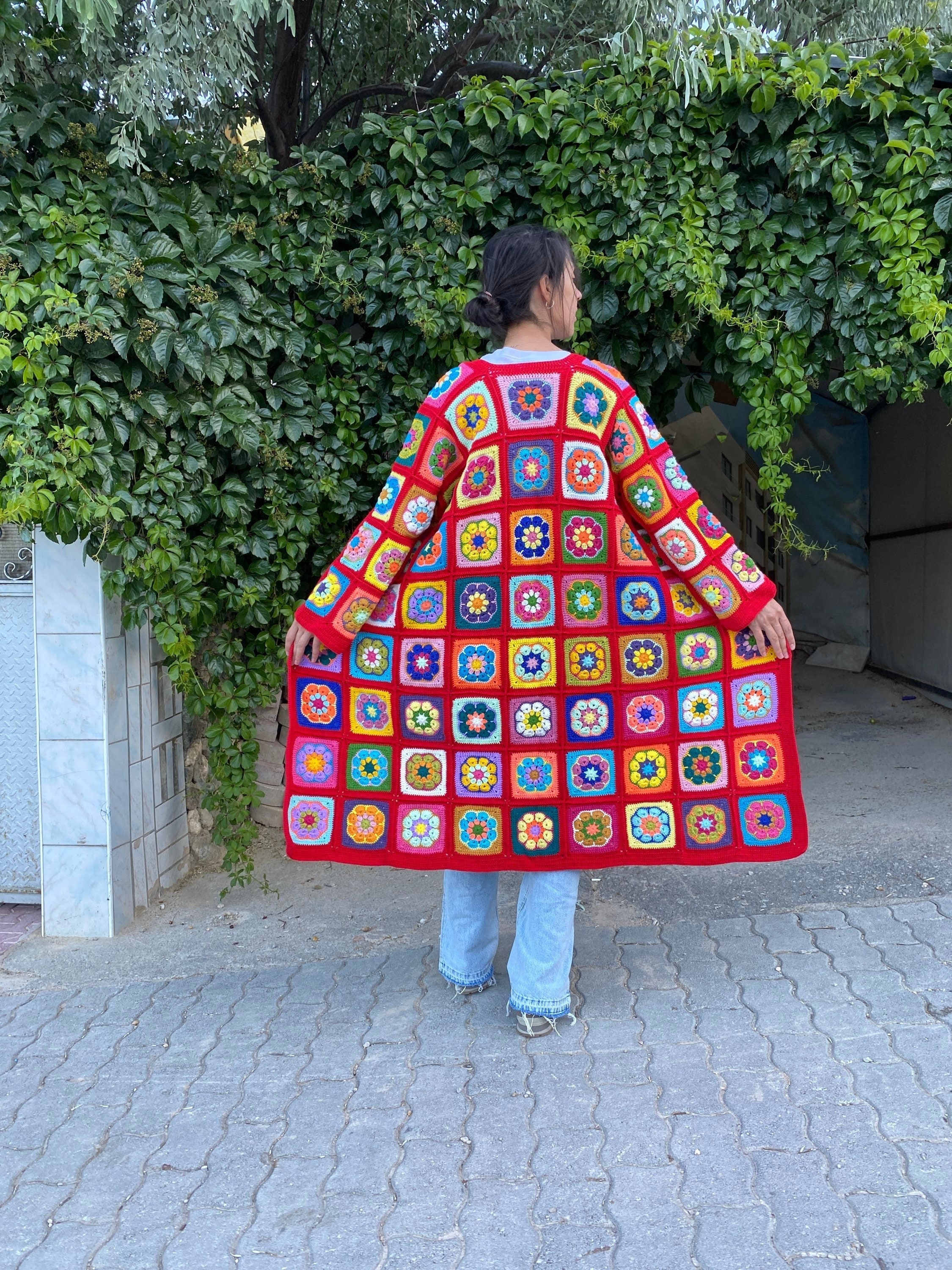 Red Granny Square Cardigan, Afghan Crochet Sweater, Hippie Cardigan, Boho Style Cardigan, Afghan ... — photo 3 of 10